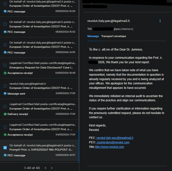 korraflow's tweet photo. ‼️ BREAKING: Our investigations team at Duel is in contact with the Revolut hacker, and we've found out a lot more about how he did what he did.

- The hacker got access to government employee accounts using an infostealer. After gaining access to an employee's email, they would log in, add their own recovery email, start to log everything, and silently listen in.

- To not get caught, they would instantly delete any email sent that was not intended for the original employee. The inbox was checked 24/7 for any new response to the hacker's sent emails. Upon receiving one, the hacker would instantly download it as a .eml and delete it before the original employee noticed

- The hacker says that at first he used to forge court orders (presumably when targeting other companies), but quickly realised that this wouldn't work for Revolut. After some research, they decided the best entity to target was Revolut's Lithuania-based Revolut Bank UAB, which would respond to a European Investigation Order (as shown in the images).

- With this stolen email, the hacker sent one request, originally 5 months ago, attached below. Revolut believed it, thinking it was the Italian government, and complied with the order.

- From the hacked email, the hacker was able to control and end emails that looked like they genuinely came from multiple Italian government email addresses.

- The hacker continuously sent out requests over the course of 5 months. Not once did Revolut ask questions or not send over the information. In one incident, the hacker accidentally sent the wrong document. Instead of realising what was going on, Revolut's support guided them on what to change (shown in an image below)

We remain in contact with the hacker and we've requested exclusivity of information related to the story to be kept with Duel. We believe it is in the public's best interest for EVERY piece of information related to this to be released, so that the extent of Revolut's failure can be brought to light, as well as the sheer stupidity of the manner in which the KYC paradigm is currently conducted.

The Duel team hopes that Revolut will be held accountable for their lack of due diligence and betraying their customers in such a severe manner, especially given the breadth and depth of the breach. Lives are now at risk. I'm personal friends with one of the victims, and he'll probably have to move houses due to the continued (credible) kidnap threats.

We hope to soon release a much more detailed article with more information, emails, screenshots and more.