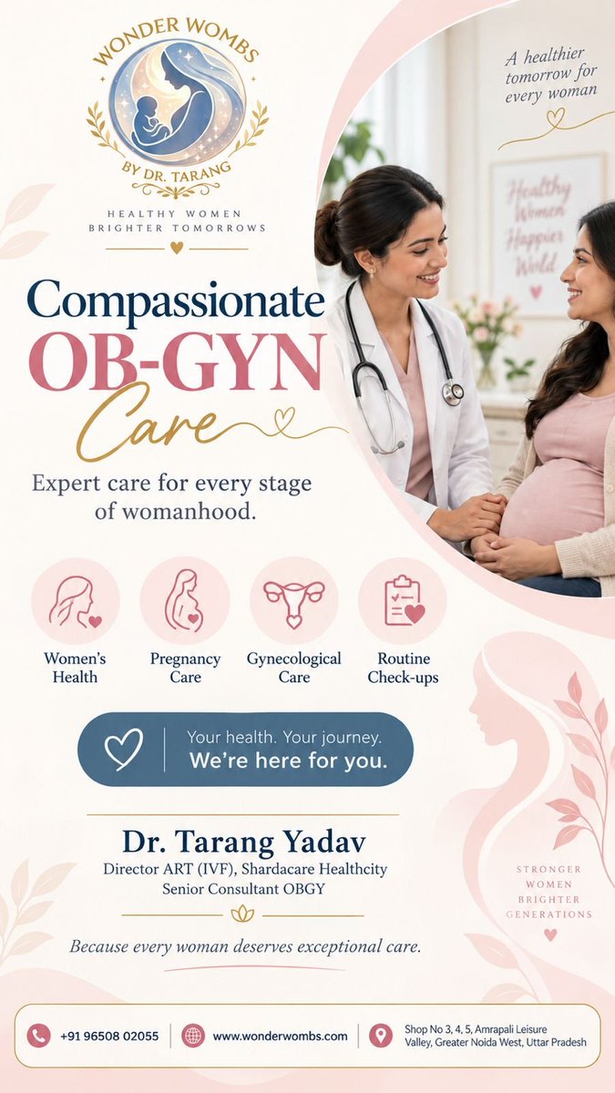 wonderwombs's tweet photo. Expert OB-GYN Care for Every Woman
Womenโs Health โข Pregnancy Care โข Gynecological Care โข Routine Check-ups
๐ฉโโ๏ธ Dr. Tarang Yadav
๐ +91 96508 02055
๐ https://t.co/t4RxbGNm4T
๐ Greater Noida West
#WonderWombs #WomensHealth #PregnancyCare #OBGYN #GreaterNoida https://t.co/ICz6JCqMlI