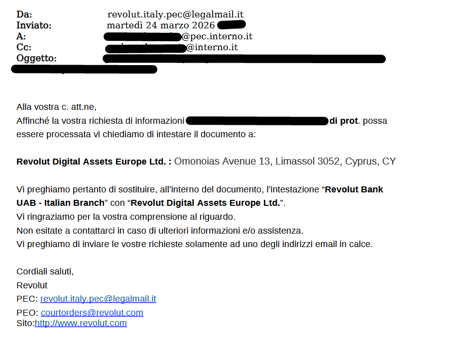 korraflow's tweet photo. ‼️ BREAKING: Our investigations team at Duel is in contact with the Revolut hacker, and we've found out a lot more about how he did what he did.

- The hacker got access to government employee accounts using an infostealer. After gaining access to an employee's email, they would log in, add their own recovery email, start to log everything, and silently listen in.

- To not get caught, they would instantly delete any email sent that was not intended for the original employee. The inbox was checked 24/7 for any new response to the hacker's sent emails. Upon receiving one, the hacker would instantly download it as a .eml and delete it before the original employee noticed

- The hacker says that at first he used to forge court orders (presumably when targeting other companies), but quickly realised that this wouldn't work for Revolut. After some research, they decided the best entity to target was Revolut's Lithuania-based Revolut Bank UAB, which would respond to a European Investigation Order (as shown in the images).

- With this stolen email, the hacker sent one request, originally 5 months ago, attached below. Revolut believed it, thinking it was the Italian government, and complied with the order.

- From the hacked email, the hacker was able to control and end emails that looked like they genuinely came from multiple Italian government email addresses.

- The hacker continuously sent out requests over the course of 5 months. Not once did Revolut ask questions or not send over the information. In one incident, the hacker accidentally sent the wrong document. Instead of realising what was going on, Revolut's support guided them on what to change (shown in an image below)

We remain in contact with the hacker and we've requested exclusivity of information related to the story to be kept with Duel. We believe it is in the public's best interest for EVERY piece of information related to this to be released, so that the extent of Revolut's failure can be brought to light, as well as the sheer stupidity of the manner in which the KYC paradigm is currently conducted.

The Duel team hopes that Revolut will be held accountable for their lack of due diligence and betraying their customers in such a severe manner, especially given the breadth and depth of the breach. Lives are now at risk. I'm personal friends with one of the victims, and he'll probably have to move houses due to the continued (credible) kidnap threats.

We hope to soon release a much more detailed article with more information, emails, screenshots and more.