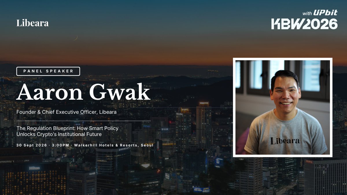 libeara_'s tweet photo. Our Founder &amp; CEO Aaron Gwak will be speaking at #KBW2026 🇰🇷

As a panelist in “The Regulation Blueprint: How Smart Policy Unlocks Crypto’s Institutional Future”, he will share perspectives on the role of regulation in enabling greater institutional adoption of digital assets. https://t.co/w6uqaZkfXh