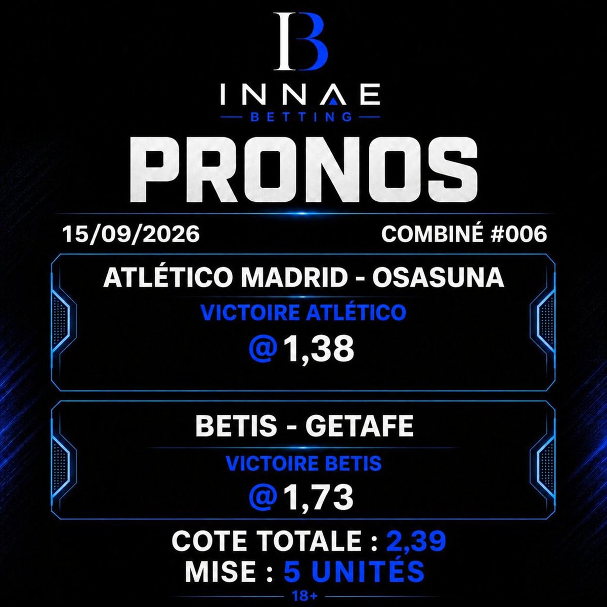 Innaebetting's tweet photo. ⚽ COMBINÉ #006 — PRONO

Direction l’Espagne pour ce combiné de mid-week 🇪🇸

🎯 Atlético :  S'est bien reprise contre la Sociedad ce week-end
🎯 Betis : Enchaine les victoires 
📊 Cote totale : 2,39
💰 Mise : 5 unités

#Pronostics #ParisSportifs #Football #Betting https://t.co/6mjIprU4Cm