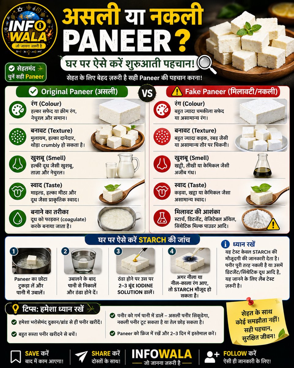 Sunni27589's tweet photo. Is paneer real or adulterated? Don’t judge by looks alone. Check its color, texture, smell, and taste. An iodine test can screen for starch at home: blue or blue-black may indicate starch. For confirmation, laboratory testing is needed. https://t.co/ezEkdSR7i3
