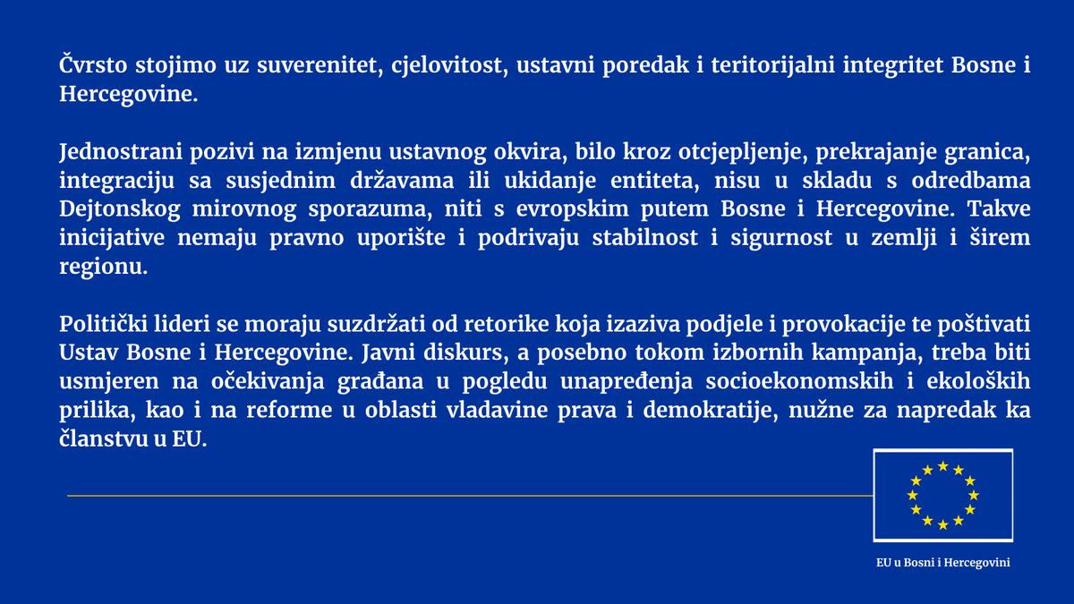 eubih's tweet photo. Jednostrani pozivi na izmjenu ustavnog okvira, bilo kroz otcjepljenje, prekrajanje granica, integraciju sa susjednim državama ili ukidanje entiteta, nisu u skladu s odredbama Dejtonskog mirovnog sporazuma, niti s evropskim putem Bosne i Hercegovine.

Komentar u cijelosti 👇 https://t.co/OtIE4UJV7d