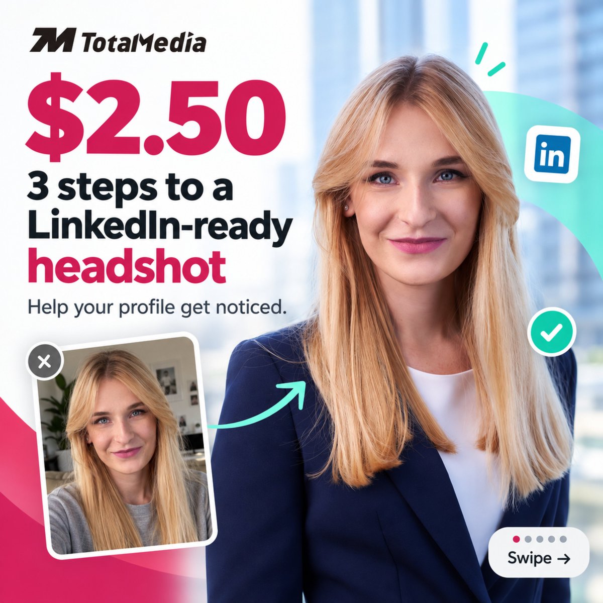 Totalmedia_HQ's tweet photo. $𝟮.𝟱𝟬 𝘁𝗼 𝘂𝗽𝗴𝗿𝗮𝗱𝗲 𝘁𝗵𝗲 𝗳𝗶𝗿𝘀𝘁 𝘁𝗵𝗶𝗻𝗴 𝗿𝗲𝗰𝗿𝘂𝗶𝘁𝗲𝗿𝘀 𝘀𝗲𝗲.

No studio. No expensive photographer.

Just choose → upload → enhance.

A better headshot won’t get you hired.
But it can help you get noticed.
#LinkedInTips #JobSearch https://t.co/RgE5dYoJaL