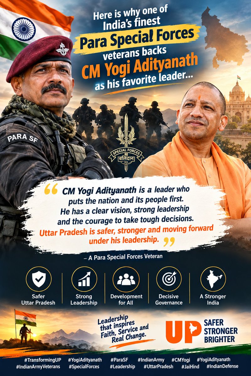 hindugj's tweet photo. 🇮🇳 A Leader Who Earns the Respect of Our Brave Veterans! 🚩

When a Para Special Forces veteran calls CM Yogi Adityanath Ji his favourite leader, it reflects the power of decisive leadership, courage and commitment to the nation.

Under the leadership of @myogiadityanath Ji, Uttar Pradesh is moving towards a safer, stronger and more developed future.

A leader who believes in discipline, service and nation-first governance. A leader who inspires confidence and empowers the people.

Strong Leadership. Proud Veterans. Transforming Uttar Pradesh. 🔥

Jai Hind! 🇮🇳

#TransformingUP #YogiAdityanath #ParaSF #IndianArmy #CMYogi #IndianArmyVeterans #SpecialForces #Leadership #UttarPradesh #JaiHind #IndianDefense