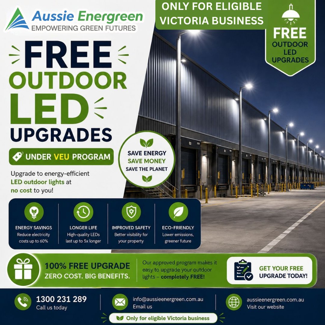 aussieenergreen's tweet photo. 💡 Upgrade Your Outdoor Lighting at No Cost! 💡
📞 Call 1300 231 289 to find out if your business qualifies.
🌐 Learn more and register your interest:
 https://t.co/M0wV61FZq1

#OutdoorLEDUpgrades #CommercialLighting #VEUProgram #VictorianBusinesses #EnergyEfficiency https://t.co/tEjzFoHEOB
