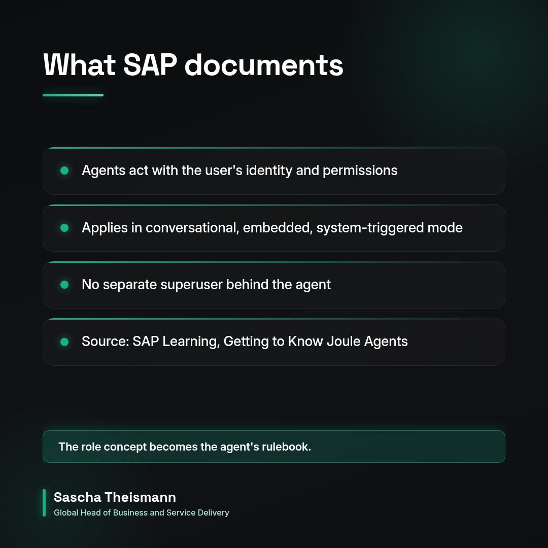 stheismann's tweet photo. Your SAP agent will not have more rights than your users. That is the problem.

Agents act with the user's permissions. Your role concept is now their rulebook.

https://t.co/SnfHFj0FAg

#SAP #AgenticAI #AIGovernance #GRC #CISO https://t.co/QWh9mMotZd