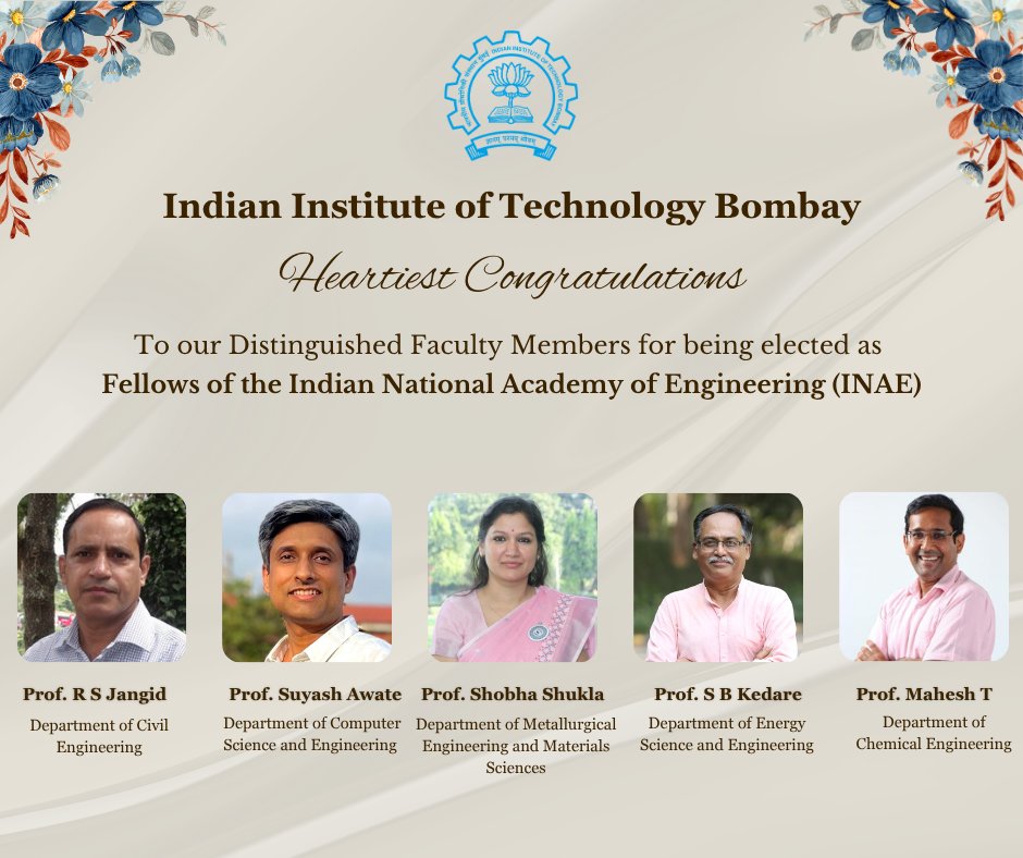 iitbombay's tweet photo. Five IIT Bombay faculty have been elected as Fellows of the Indian National Academy of Engineering (INAE),

Congratulations to:

Prof. R S Jangid
Prof. Suyash Awate
Prof. Shireesh Kedare
Prof. Shobha Shukla
Prof. Mahesh T https://t.co/TLMWBNiNf3