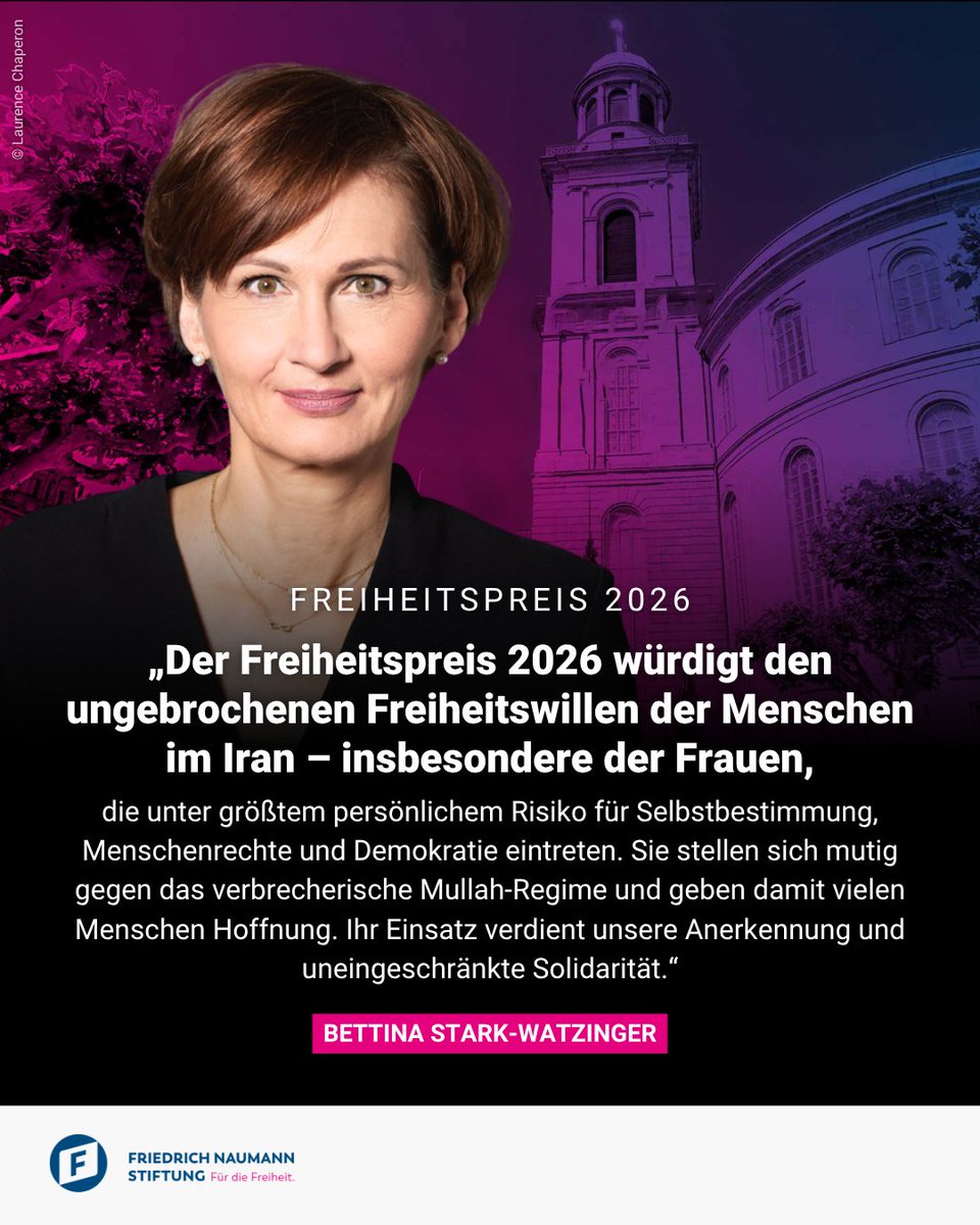FNFreiheit's tweet photo. „Der Freiheitspreis 2026 würdigt den ungebrochenen Freiheitswillen der Menschen im Iran – insbesondere der Frauen, die unter größtem persönlichem Risiko für Selbstbestimmung, Menschenrechte und Demokratie eintreten. Sie stellen sich mutig gegen das verbrecherische Mullah-Regime und geben damit vielen Menschen Hoffnung. Ihr Einsatz verdient unsere Anerkennung und uneingeschränkte Solidarität.“  

— @starkwatzinger