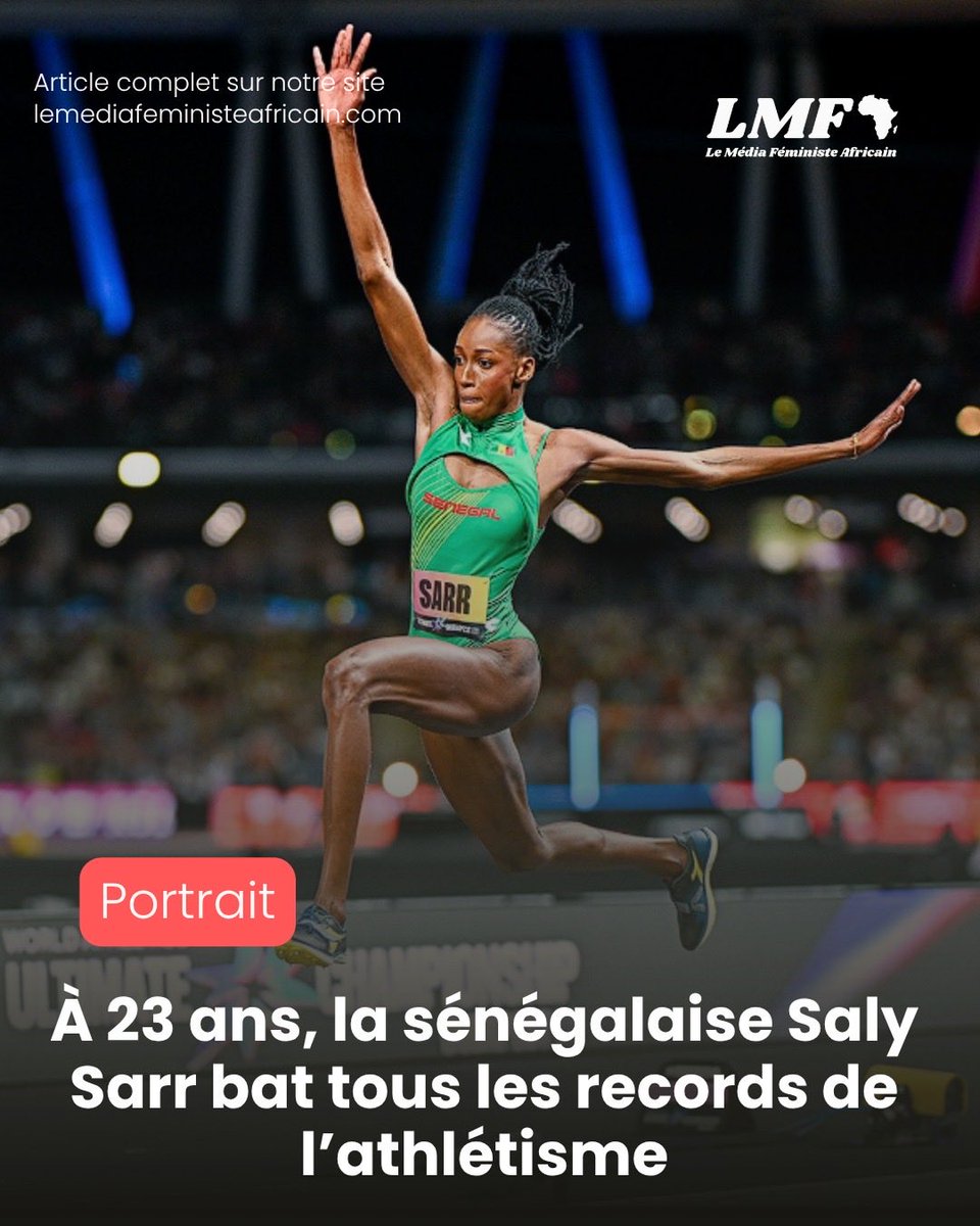 MediaFeministe's tweet photo. 🇸🇳🥇Championne de Diamond League et championne du monde de triple saut d’athlétisme Ultimate. 

A seulement 23 ans, Saly Sarr s’impose déjà comme l’une des grandes figures de l’athlétisme mondial. 

Spécialiste du triple saut, elle enchaîne depuis plusieurs années des performances de haut niveau faisant d’elle l’un des plus grands espoirs du sport africain : https://t.co/diKQY7FJEe