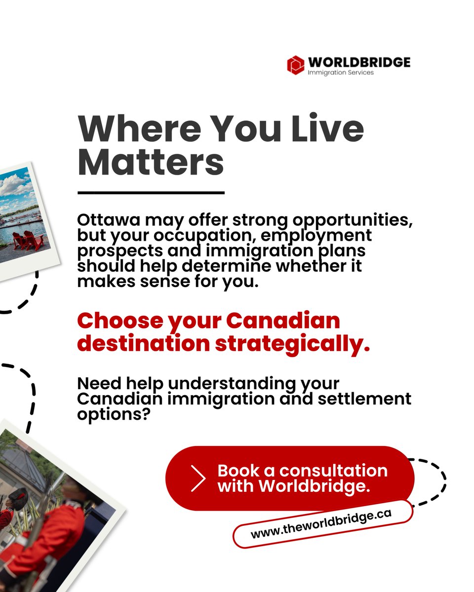 worldbridgehq's tweet photo. Ottawa can be an attractive option for newcomers to Canada 🇨🇦, but choosing a city should go beyond how appealing it looks.

Your occupation, career opportunities, income expectations, housing budget, family needs, transportation, and immigration pathway can all influence whether Ottawa is the right fit for you.

The goal is not simply to choose a Canadian city. It is to choose one that aligns with your career, finances, and long-term plans.

Before making your move, make sure your destination makes sense for your circumstances. 🏡💼

✅️ Book a consultation to discuss your options and create a plan tailored to your goals. 📅

➠➠➠ https://t.co/B5AwuuTeDU

🌐 https://t.co/u3hN1M38LN
📩 info@theworldbridge.ca
📞 +1-416-727-7766

#ottawa #canadaimmigration #movingtocanada #lifeincanada #immigrationcanada