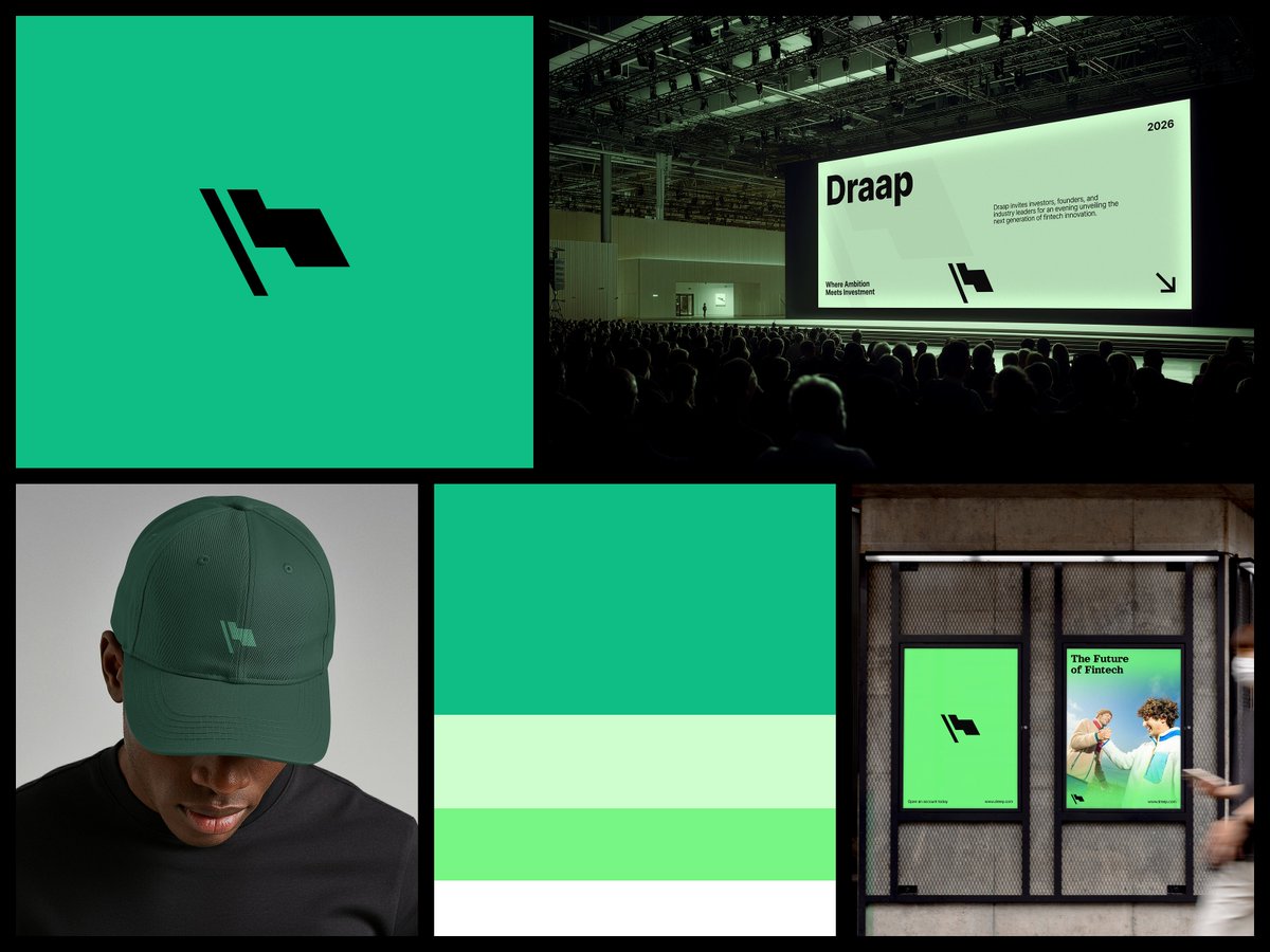 recentcraft's tweet photo. One brand. A keynote stage, a street poster, a cap, a color system.

Same mark, same energy, every time it shows up. That's what a real identity system looks like — not just a logo

#Fintech #BrandIdentity #BrandDesign #LogoDesign #VisualIdentity #StartupBranding #GraphicDesign https://t.co/vE30JsTohV