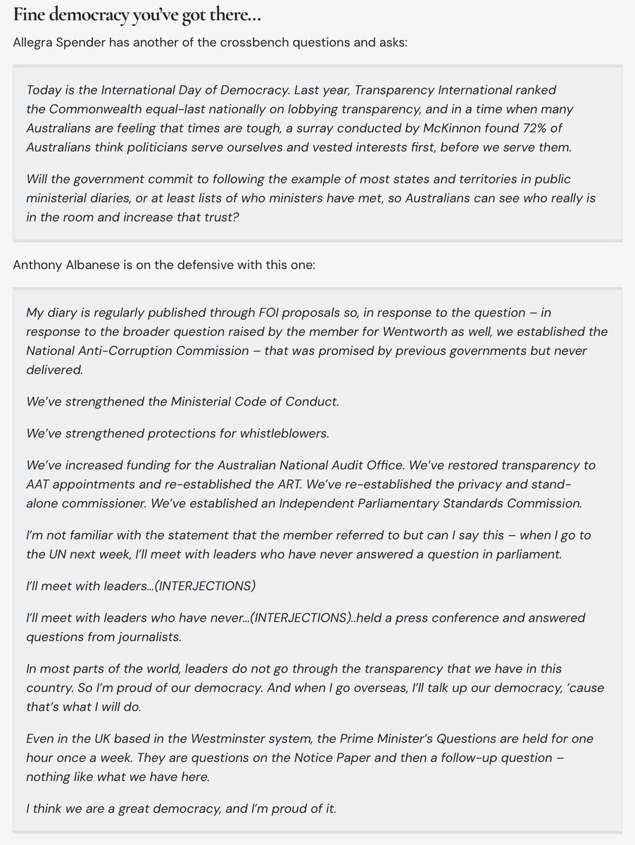 MrRexPatrick's tweet photo. .@AlboMP’s 👇answer👇 to a question today from @spenderallegra about his willingness to proactively disclose his diary reminded me of @ScoMo30’s saying it was a triumph that protesters outside Parliament House weren't "met with bullets". #LostThePlot #auspol https://t.co/K6SCEMv4bg