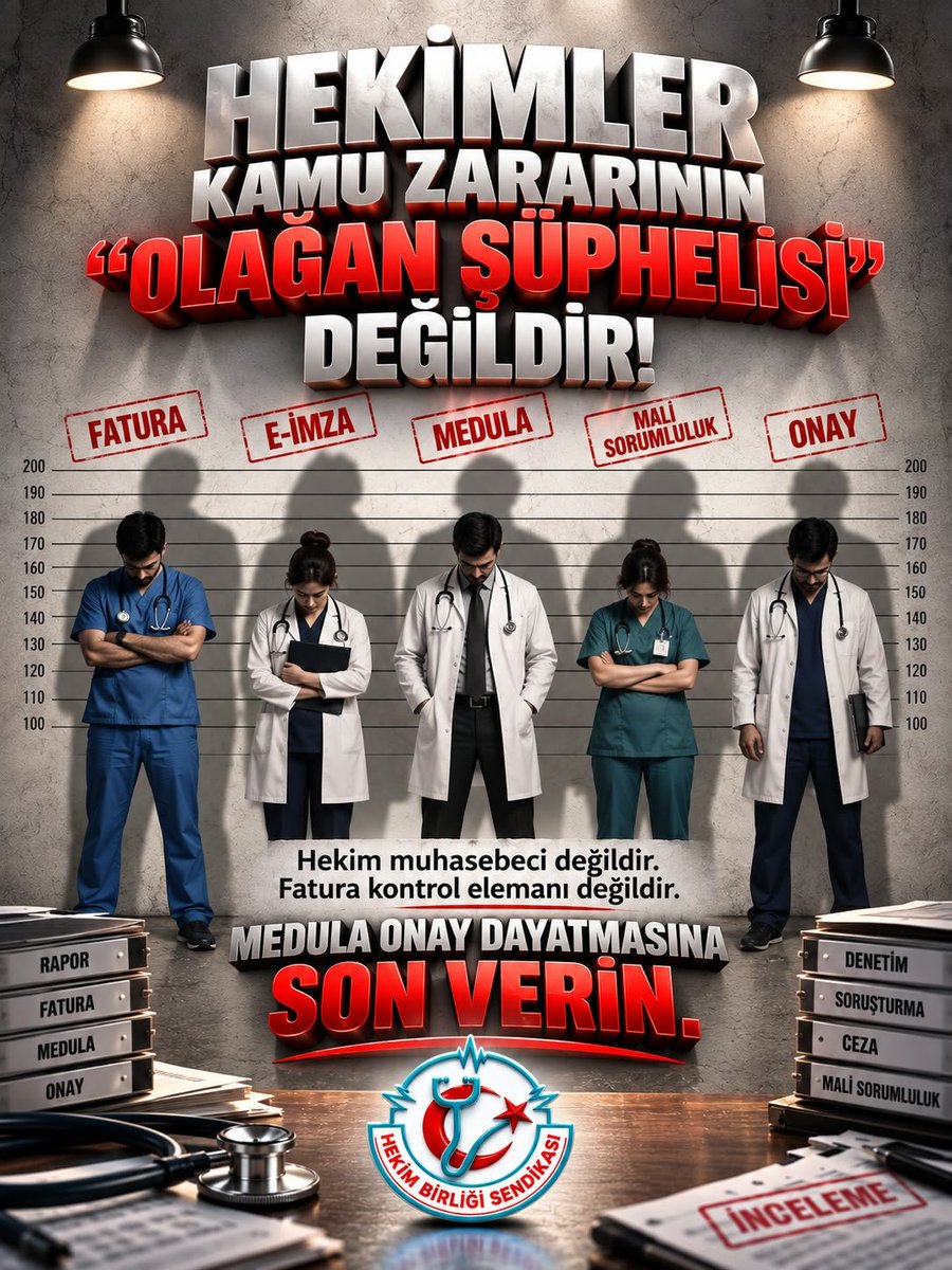 hekim_birligi's tweet photo. MEDULA ONAY DAYATMASINDA UYARMIŞTIK!

Hekim Birliği Sendikası olarak, 1 Eylül 2026’da başlatılan ve hekimlerin şahsi e-imzalarıyla faturalandırmaya esas kayıtları kontrol ve onaylamasını zorunlu tutan uygulamaya karşı çıkmış, Sağlık Bakanlığı Teftiş Kurulu Başkanlığına resmî başvuruda bulunmuştuk.

Şimdi Ankara Tabip Odası da aynı noktaya dikkat çekiyor: Bu iş hekimin görev tanımında yoktur; angaryadır ve hekimi haksız cezai ve mali sorumluluklarla karşı karşıya bırakmaktadır.

Hekim;
• Muhasebeci değildir.
• Fatura kontrol elemanı değildir.
• Hastane gelirlerini denetlemekle görevli değildir.
• Başkalarının girdiği kayıtları sorgulamadan onaylamak zorunda değildir.

Üstelik yanlış, mükerrer veya hekimin bilgisi dışında girilmiş işlemlerde “RED” seçeneğinin kullanılmasının engellenmesi kabul edilemez.

Hiçbir hekim, doğruluğundan emin olmadığı bir kaydı şahsi e-imzasıyla onaylamaya zorlanamaz.

Talebimiz nettir: MEDULA üzerinden getirilen bu onay dayatmasına son verilmeli; idari, mali ve teknik sorumluluklar görevli birimlerce yerine getirilmelidir.

Hekimleri kamu zararının “olağan şüphelisi” hâline getiren bu uygulamanın karşısındayız.

#MEDULA #HekimBirliği #HekimAngaryaKabulEtmez
@saglikbakanligi @sgksosyalmedya
