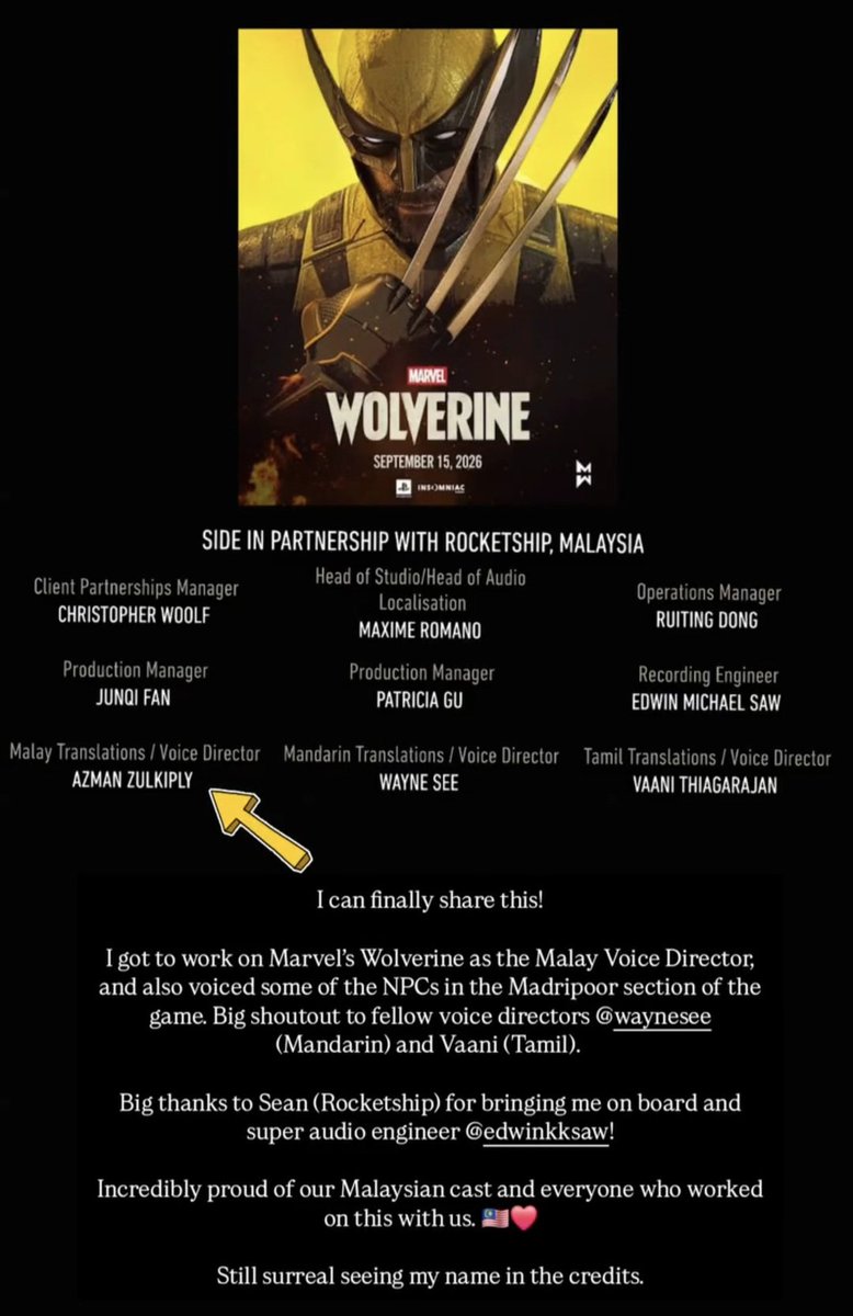AzmanZulkiplyVA's tweet photo. I worked on Marvel’s Wolverine as the Malay Voice Director and voiced a few NPCs in the Madripoor section.

Big love to the Malaysian talents behind the Malay, Mandarin &amp; Tamil voices.

1/3 https://t.co/kouYgqGSd0