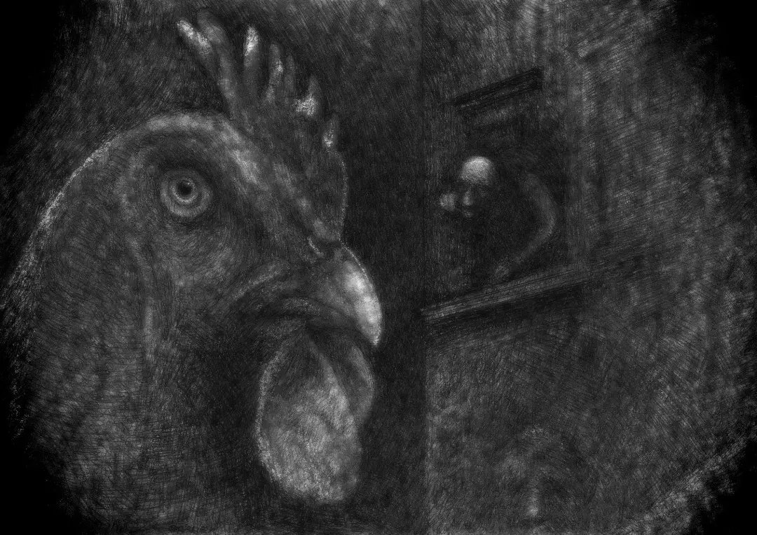 AlbertLemmum's tweet photo. My grandfather is eating soup. A hen is walking beneath the tenement window. From a child’s perspective—and I remind you that seeing was intertwined with imagination—it looked roughly like this. https://t.co/XhEtBK1OXi