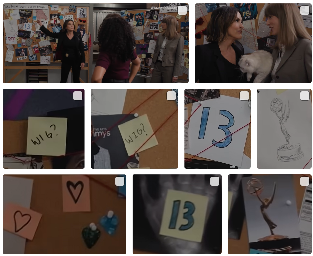 TaylorExplainer's tweet photo. An awful lot of doubles in the Emmy's skit with Mariska Hargitay and Taylor Swift!

2 Olivias 2 WIG?s 
2 13s 
2 Emmy statuettes 
2 Crime boards 
2 Orange hearts next to an aqua and a dark green pick, together

Is Debut a double album, a double release with rep, double the fun??? https://t.co/cPezVxlXS0