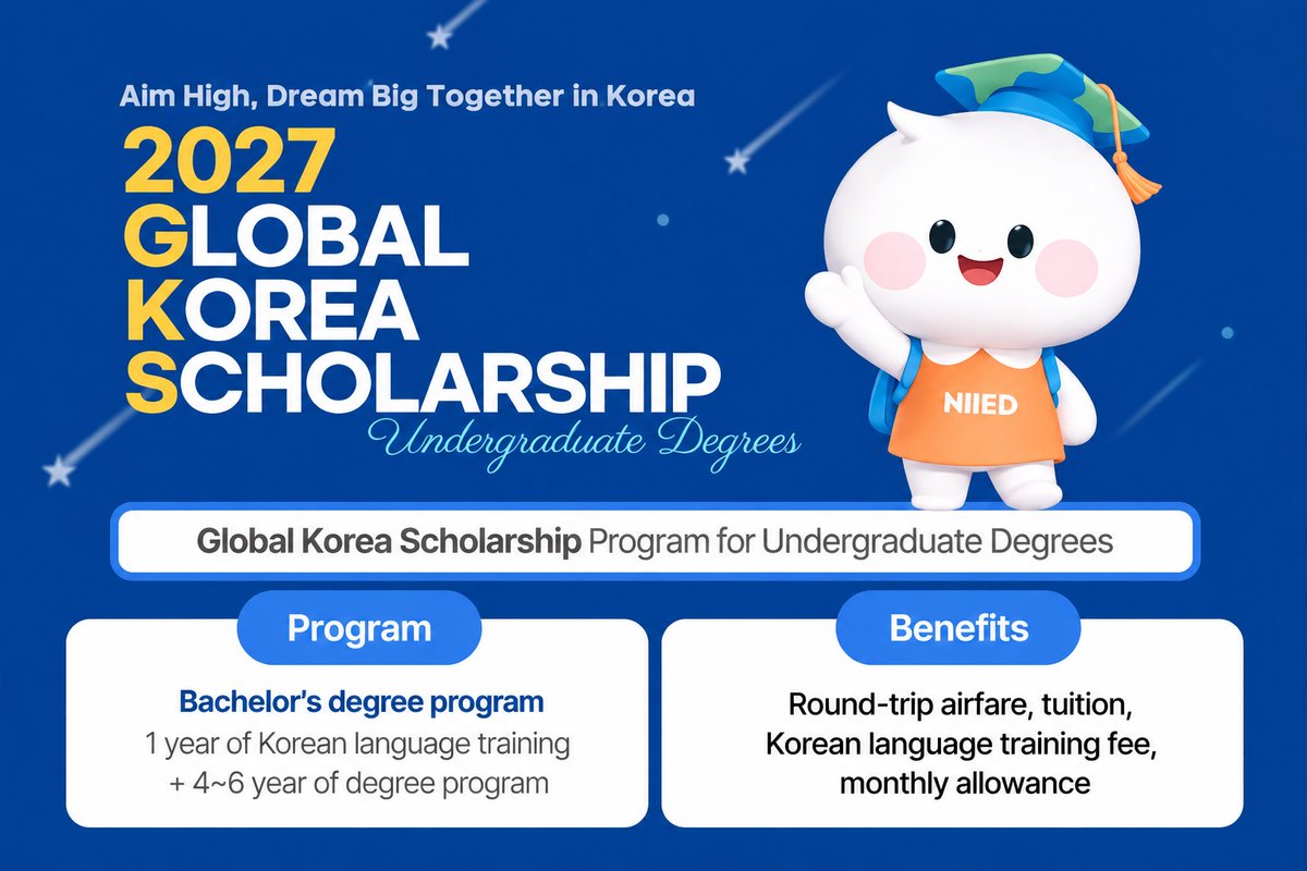 KoreainEthiopia's tweet photo. 🎓 2027 Global Korea Scholarship for Undergraduate Degrees (GKS-U) 🎓
⏰ by 30 September, 18:00 KST
👉 Please visit our Embassy website (link in bio)!
👉 University Track (Bachelor’s & *Associate Degree) : https://t.co/I4cTNkt8iF
#KoreanEmbassyInEthiopia #GKS #GKSU #StudyinKorea https://t.co/cJYRCUYq4W