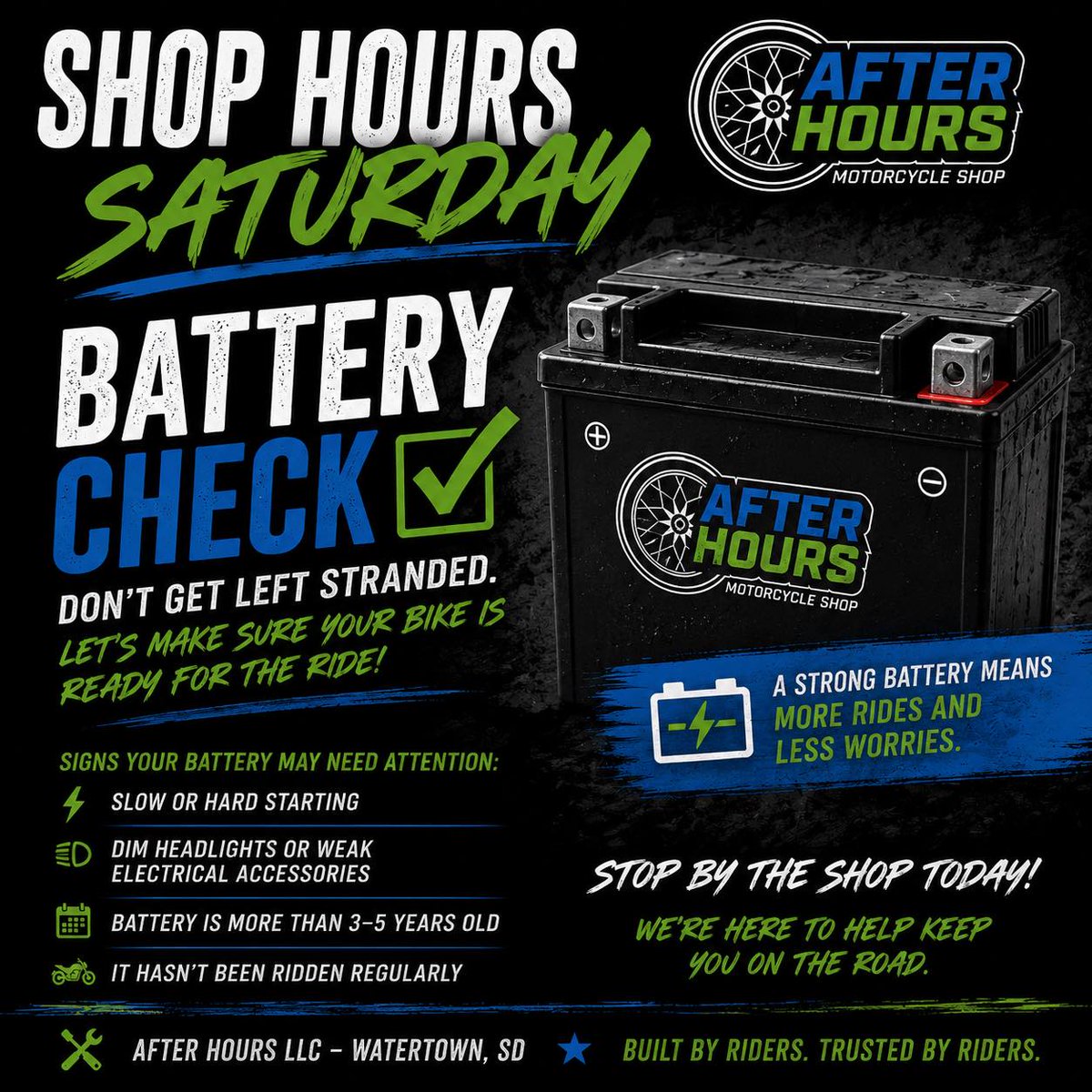 thafagundes12's tweet photo. SATURDAY SHOP HOURS: BATTERY CHECK

Nothing ruins a great ride faster than turning the key and hearing nothing. Signs your battery may need attention
Slow or hard starting
Dim headlights or weak accessories
Battery over 3–5 years old
Not ridden https://t.co/HEJiYcFvf9