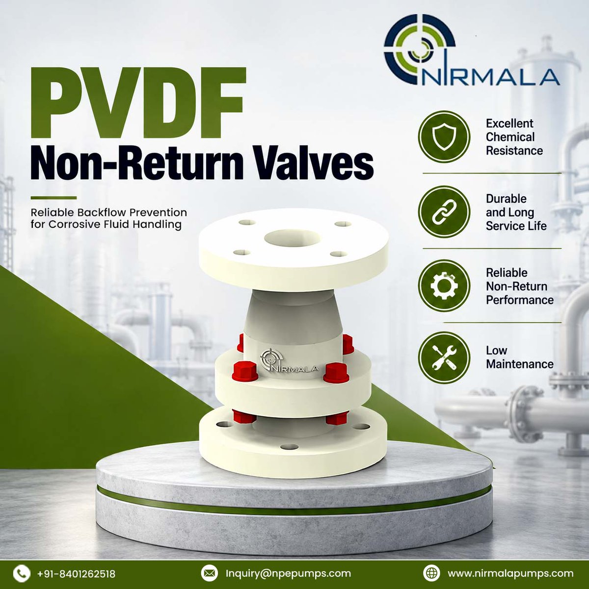 NirmalaPumps's tweet photo. Nirmala Pumps’ PVDF Non-Return Valves offer excellent chemical resistance, durable performance, and low maintenance for demanding fluid handling applications.

https://t.co/5PfROwHdHl

#PVDFValves #NonReturnValve #IndustrialValves https://t.co/NJLZzpuWDR