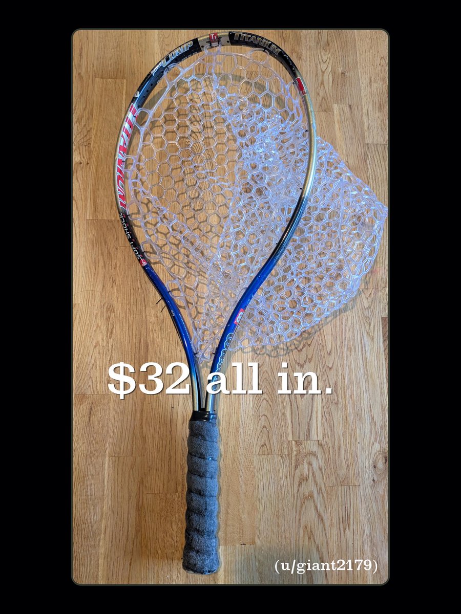 FieldandStream's tweet photo. The collab nobody asked for, but fishing might actually need. Total damage: $32.

An angler walked into Goodwill, found an adult Wilson titanium tennis racquet for $4, and saw something other than a backhand. He stripped it down, sanded and painted the frame, added a clear coat, replaced the grip with waterproof heat-shrink fishing rod grip, and fitted it with a 15-inch Fishpond replacement net.

🎾 🎣 The oversized tennis frame gives him plenty of hoop for the net and a long handle for leverage. And yes, according to its builder, the finished “Fishpond x Wilson” floats. Not a bad piece of budget DIY engineering.