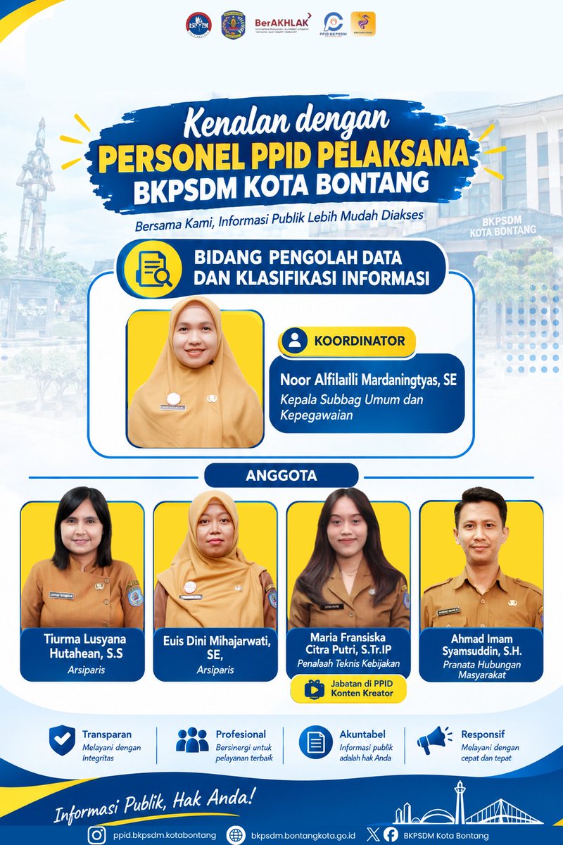 bkpsdm_bontang's tweet photo. HALO SOBAT BKPSDM! 💙🧡

Pernah penasaran, siapa saja sih yang berada di balik layanan informasi publik BKPSDM Kota Bontang? 👀✨

Yuk, kenalan lebih dekat dengan Personil PPID Pelaksana BKPSDM Kota Bontang! 🤝 https://t.co/ZHFeEDcqD6