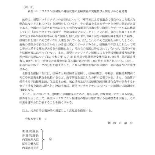 946kimurahayato's tweet photo. 【ご報告】意見書が可決されました

本日の釧路市議会本会議において、「新型コロナワクチン接種後の健康状態の追跡調査の実施及び公開を求める意見書」が可決されました。

この意見書は、国に対して接種者・非接種者を追跡した疫学研究に基づく分析を行い、透明性をもって結果を公表することを求めるものです。

■採決結果：賛成14 反対9
【賛成】
✅自民市政クラブ(6名)
✅創志会(3名)
✅市民連合議員団(4名)
✅会派無所属(1名)
【反対】
❌公明党議員団(4名)
❌日本共産党議員団(4名)
❌会派無所属(1名)

議論を尽くし、賛同いただいた会派の皆様に感謝いたします。

これで終わりではなく、ここからが本当のスタートです。国が実態解明に向けて動くよう、引き続き働きかけてまいります。

#釧路市議会 #意見書 #新型コロナワクチン #追跡調査 #木村隼人