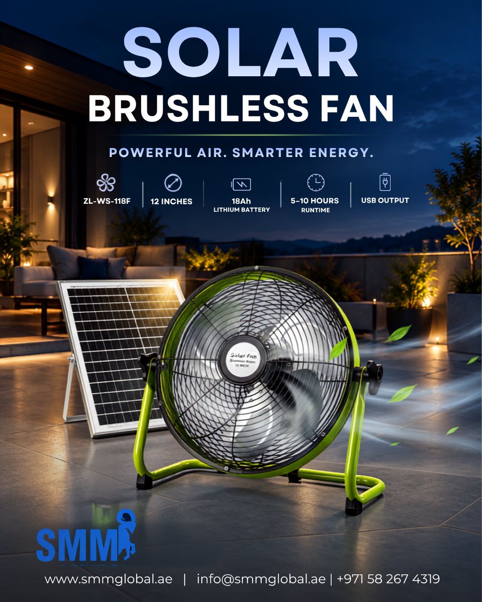 SMMGlobalTrade's tweet photo. Go solar, stay cool! ☀️🌬️ The ZL-WS-118F Solar Brushless Fan delivers powerful airflow with an 18Ah battery, 5–10h runtime & USB output.
🌐 https://t.co/0dwiKlxKC3
Product Link- https://t.co/brQwZT2aFc
#SolarFan #SolarEnergy #UAE https://t.co/2MHx4vbDxC