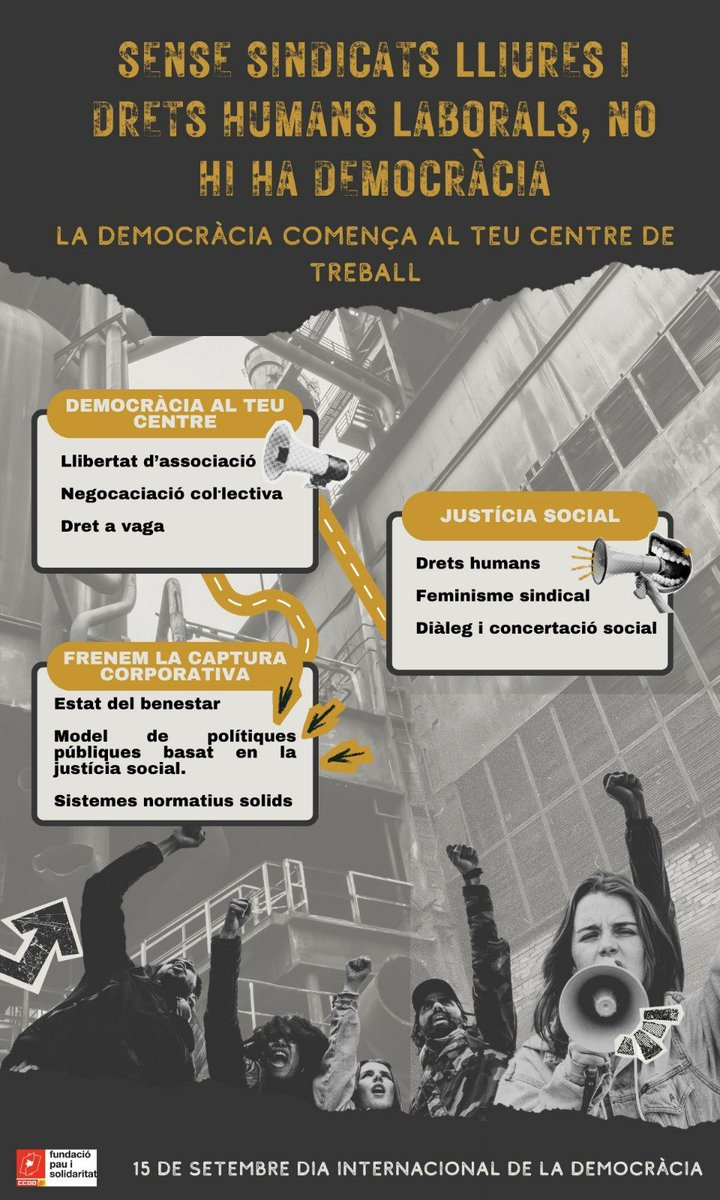 PauiSolidaritat's tweet photo. Avui, 15 de setembre, Dia Internacional de la Democràcia, recordem que la democràcia també es defensa als centres de treball.

Sense sindicats lliures i drets humans laborals, no hi ha democràcia. https://t.co/4pliBYmi6m
