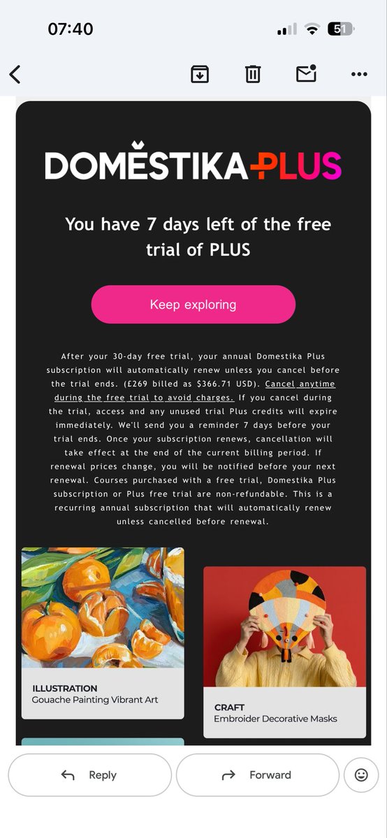 mattdbryce's tweet photo. I signed up for a @Domestika free trial. They sent a promotional looking email, nothing about a charge in the subject or headline. £269 buried in small print in the body. I missed it. They took £269.

 #Domestika #SubscriptionTrap #ConsumerRights https://t.co/Pmrlf1YjNM