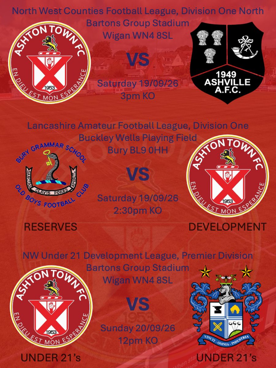 ashtontownfc's tweet photo. Another busy week ahead 

First team will be looking to get back to winning ways after Saturdays defeat 
The development team will be looking to continue there great start to the season 
21s host bury on Sunday after a win and a defeat to open there campaign https://t.co/odScjK5svD
