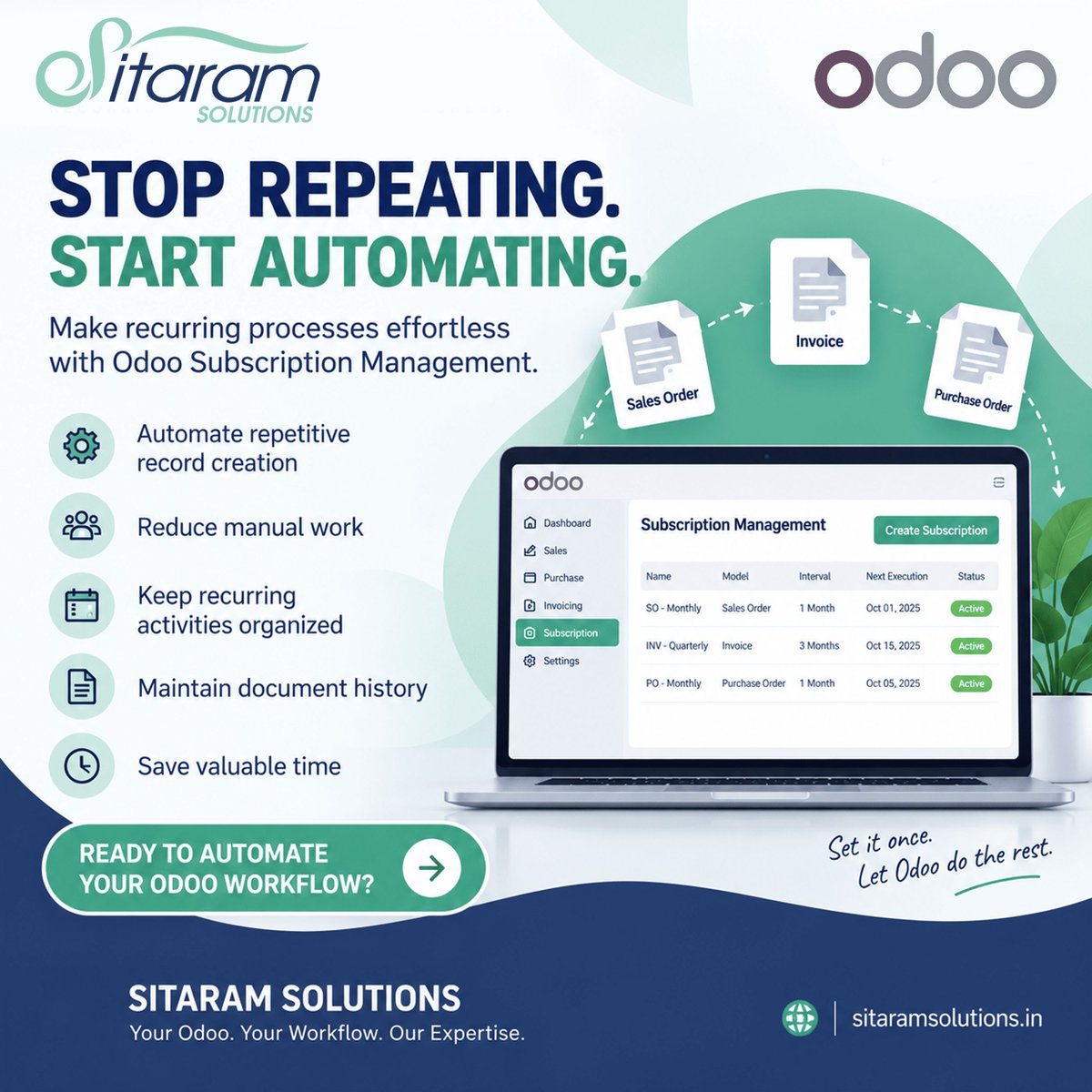 SitaramSolution's tweet photo. Automate recurring Odoo records at set intervals, keep creation history, and stop automatically after the final scheduled run.
https://t.co/nG7SpxsHg6
#SitaramSolutions #Odoo #ERP #OdooPartner #OdooServices #Automation #SubscriptionManagement #RecurringWork #WorkflowAutomation https://t.co/w2BXti6k0z