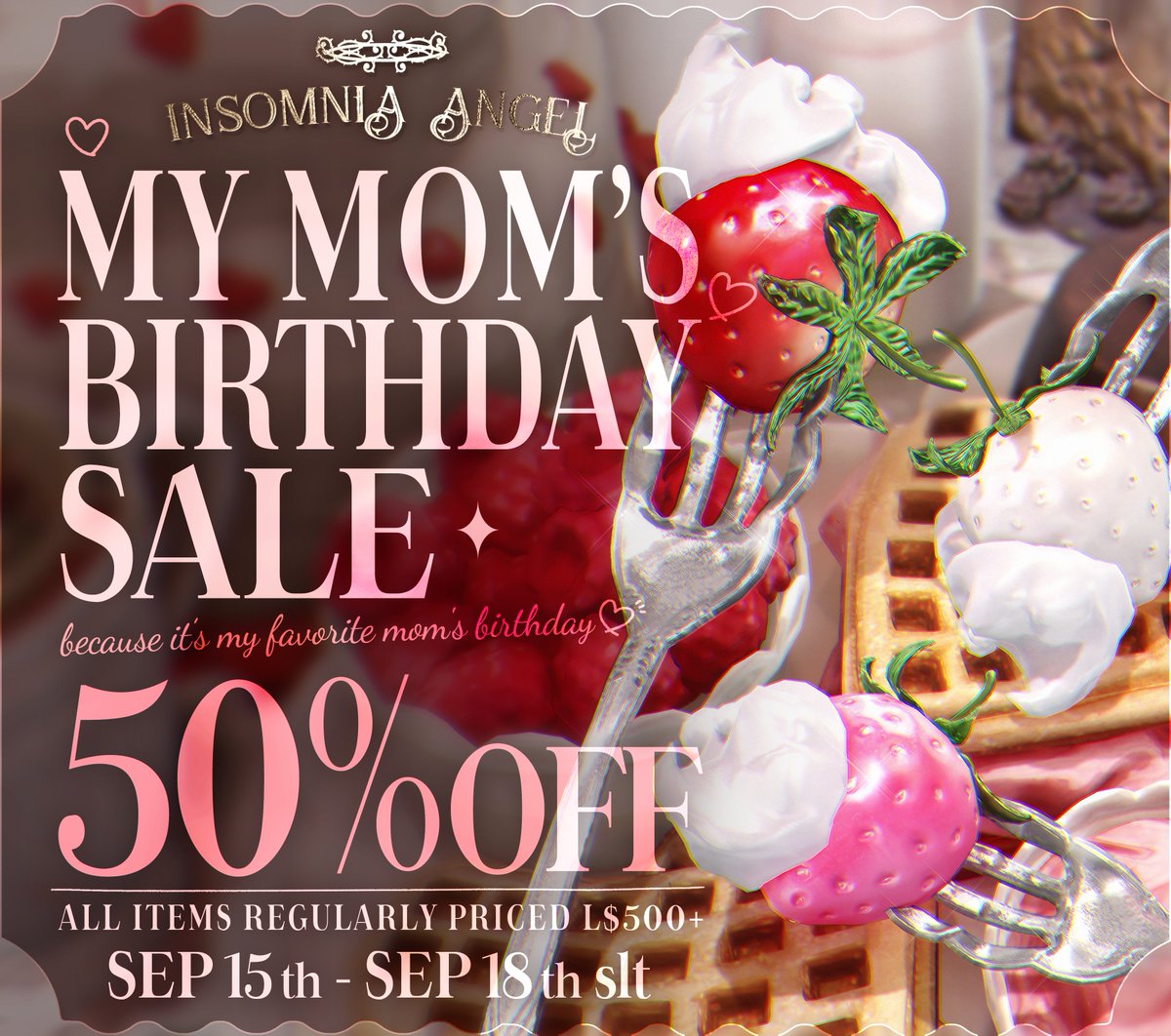 SLInsomniaAngel's tweet photo. ┈┈┈┈୨୧┈┈┈┈
🎂 My Mom's Birthday SALE 🎂
　 #InsomniaAngel #SecondLife

⌚Sep 15th ~ 18th 23:59 SLT

And there’s more…
Mom’s favorites are 【75% OFF】!! 🎉

Mainstore : https://t.co/TF2sQcZSeS
Flickr : https://t.co/qY6KWWUNKl
Support IM : https://t.co/a7z02PM2mg
💜 https://t.co/83qB2rOIlP
