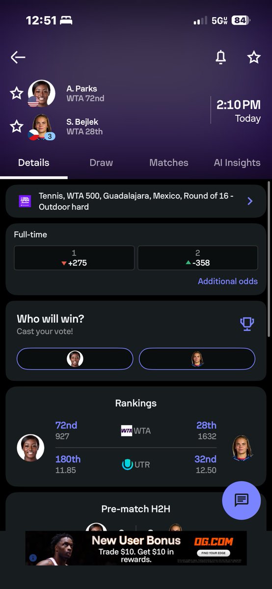 trollcappers's tweet photo. 💰 MODEL PICKS:
- TOP [MATCH WINNER] Sara Bejlek: probability 77.0% | model odds -334 | status OFFICIAL BET https://t.co/4JkUgS3fZf