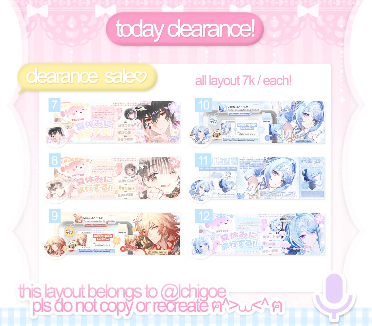 lchigoe's tweet photo. help repost &amp; hype? thank you! ⸜꒰ྀི ˶ᵔ ᵕ ᵔ˶ ꒱ྀི⸝

hiii! >＿☆ karena aku sedang bu dan storage ku juga penuh bgt t___t aku mau adain clearance sale all layout yang ada di sini 7k / each yaa!! bisa langsung DM aku ajaaa ♡ jangan lupaa reply/tag after DM <3!!! 

#zonauang https://t.co/Ac1eaZiGl4