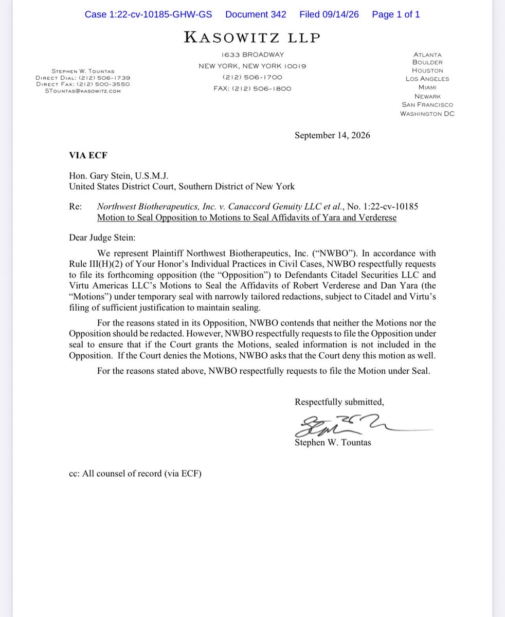 kimkep4796's tweet photo. $NWBO 🧬
⚖️ | Northwest Biotherapeutics, Inc. v. Canaccord Genuity LLC et al. | S.D.N.Y., No. 1:22-cv-10185 | Filed September 14, 2026 | Docs. 342–344

⚠️Not Legal Advice - A quick summary-

These filings respond to Citadel’s and Virtu’s requests to seal parts of sworn statements describing their automated trading systems (Docs. 333 and 336). They concern what the public can see, not a ruling on whether improper trading occurred. 📄🔍

🔒 Doc. 342: NWBO asks to file its opposition temporarily under seal so it does not reveal material while the judge considers the defendants’ requests. NWBO says it ultimately believes the material should be public.

⚖️ Doc. 343: NWBO opposes the sealing requests. It argues that Citadel and Virtu have not shown specifically how disclosure would harm them, and says some information they want hidden resembles information other defendants left public. NWBO asks Judge Stein to deny the motions. ➡️ One notable line from the filing: “over 100 members of the public attended the recent hearing regarding this subject.” 👥

📁 Doc. 344: The docket lists a sealed copy of NWBO’s opposition, tied to its temporary-seal request in Doc. 342. The public version is Doc. 343.

What might come next? Judge Stein may decide how much of the statements and this opposition remain sealed. A decision about public access would not, by itself, decide the trading allegations.

⚠️Not legal advice.

🧬❤️ The NWBO story reaches far beyond the courtroom. Braelyn’s family just heard the words they had waited nearly three years to hear: “NO EVIDENCE OF DISEASE.” Behind every debate about trading and every docket entry are real patients, families, and scientists working to give people more time. That’s why this case matters so deeply. 🙏 @kshaughnessy2