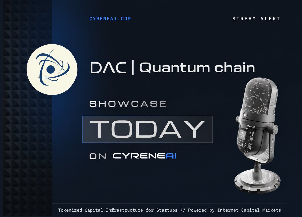 CyreneAI's tweet photo. Crypto is scaling.
But is it ready for the quantum era?

@dac_chain is taking a different approach.

- Proof of Quantum Work.
- Entropy-protected transactions.
- EVM compatibility.

All built into a Layer 1 designed for
the next generation of digital infrastructure.

🎥 Join the Showcase at 1 PM UTC on @CyreneAI