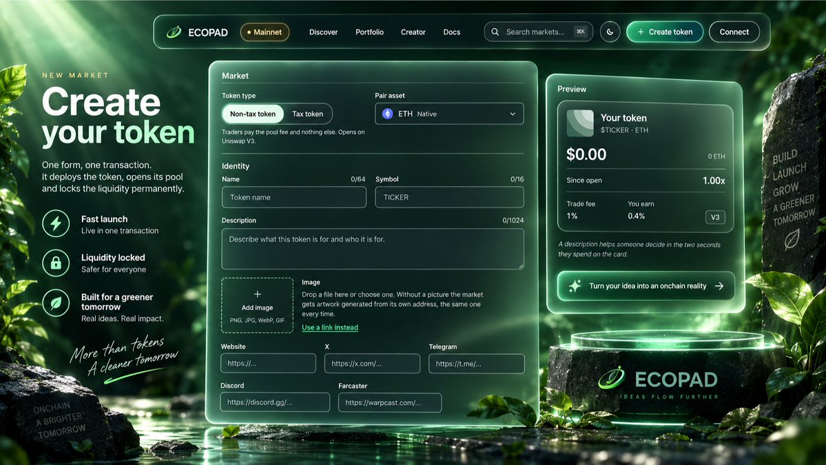 ecopadfun's tweet photo. Launching a token should feel exciting, not exhausting 🚀

ECOPAD is built to make the entire experience fast, smooth, and simple from the first transaction ⚡️

Create your token
Open a real market
Let your community buy and sell immediately through a clean onchain experience 📈

No unnecessary steps
No confusing launch process
No waiting for graduation

Just launch, trade, and grow from day one 🌱

Your next token can start here 🌱

Try ECOPAD