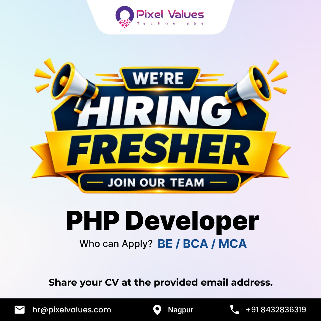 PTechnolab91982's tweet photo. 🚀 Start Your Career with Pixel Values Technolabs! 💻✨

💼 Position: PHP Developer – Fresher
🎓 Eligibility: BE / BCA / MCA
📍 Location: Nagpur
📩 Send your CV: hr@pixelvalues.com
📞 +91 84328 36319

#Hiring #PHPDeveloper #PHPDeveloperFresher #FresherJobs #FreshersHiring https://t.co/wLPisNyhd8