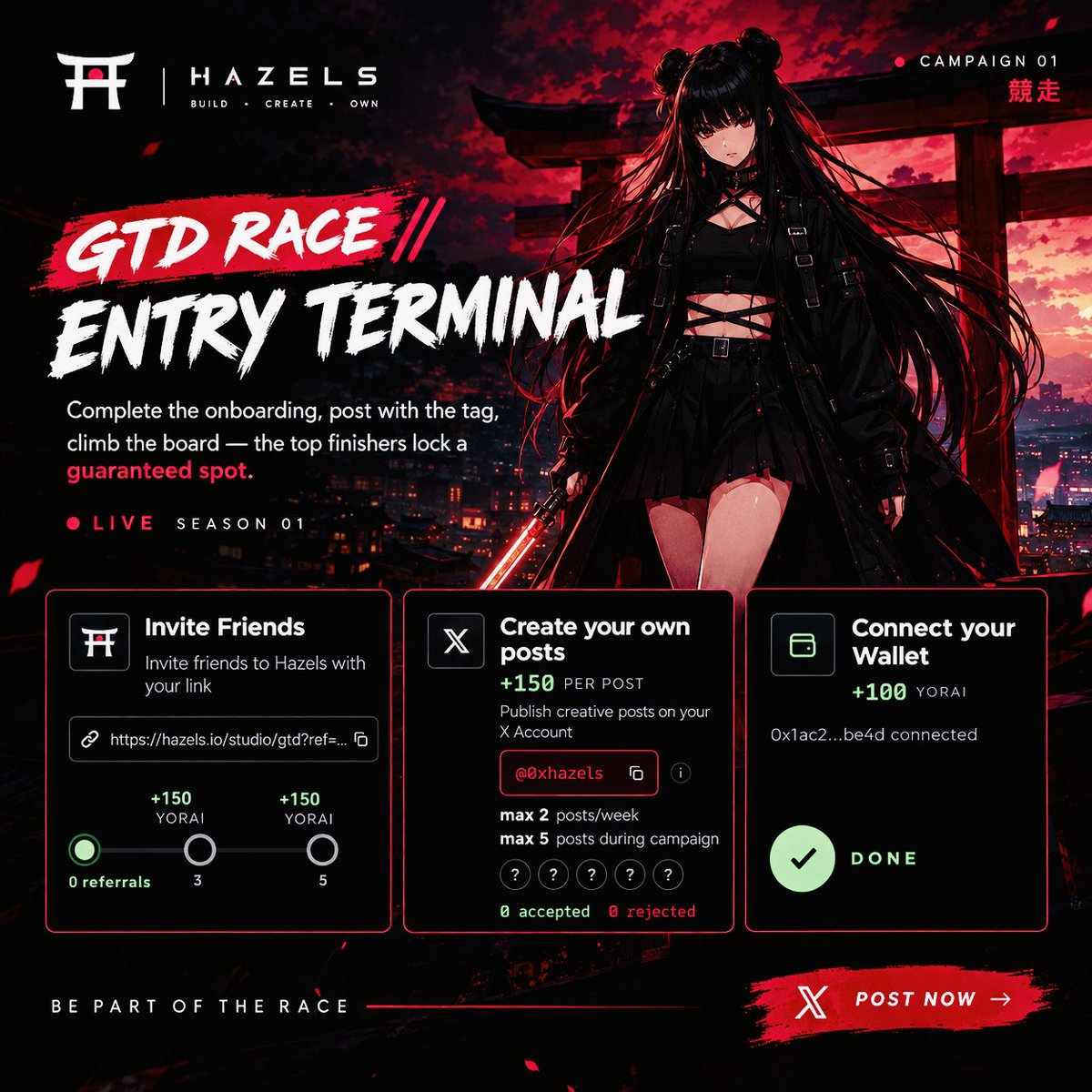 ToolFool154572's tweet photo. @0xhazels
The GTD Race is live on Hazels ⚡️
Completed my onboarding and joined the race. 🏁
Now it’s time to climb the board and aim for the Top 500.
Building, creating & owning with @0xhazels 🚀
#Hazels #GTDRace #YORAI https://t.co/hnjmKlC56p
