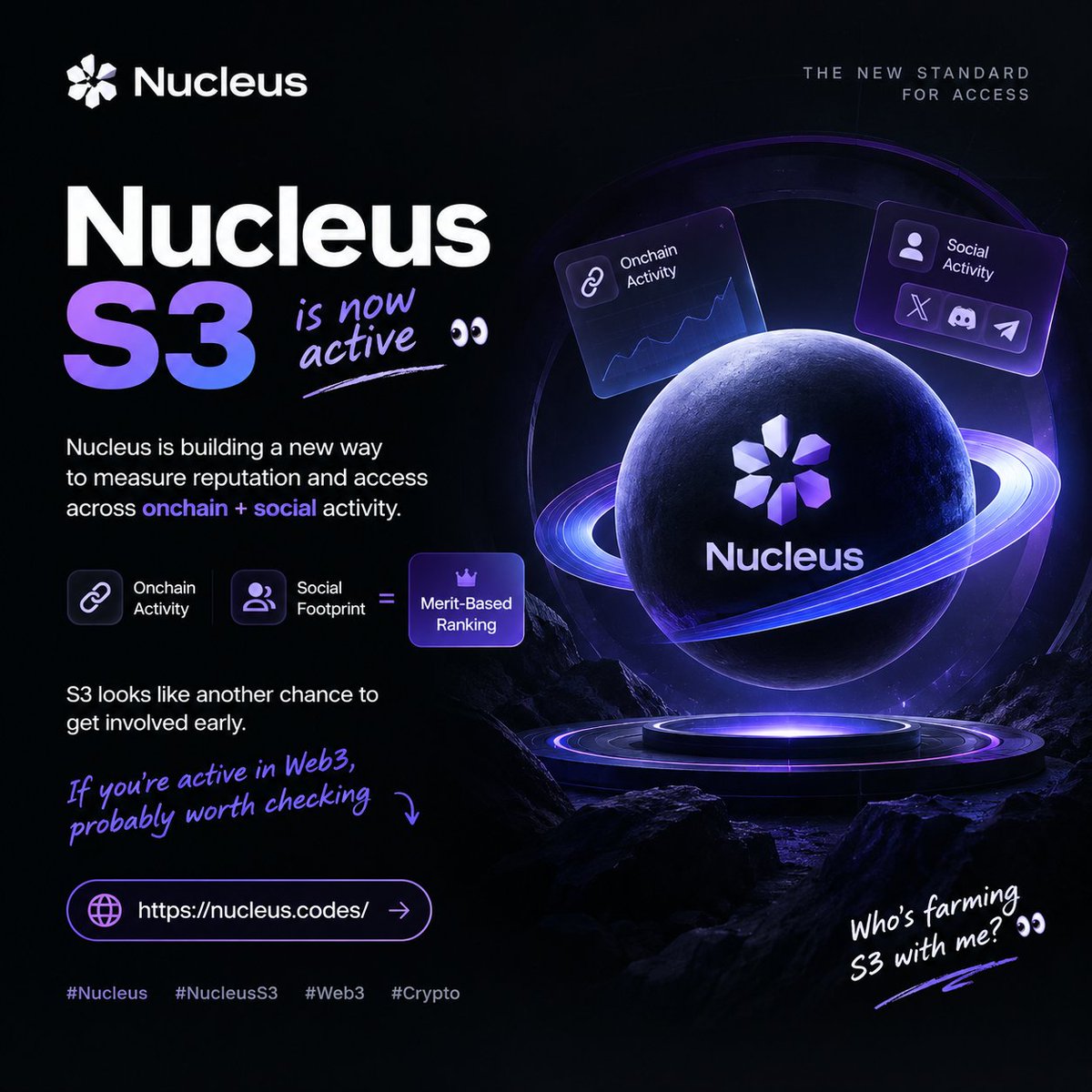 SaifulVerse's tweet photo. Nucleus S3 👀

Been keeping an eye on @NucleusCodes and this one caught my attention.

Nucleus is building a new way to measure reputation and access across onchain + social activity.

S3 is another chance to get involved early.

If you’re active in Web3, probably worth checking 👇

🔗 https://t.co/LeSDfJveZk

Who’s joining S3 with me ? 

#Nucleus