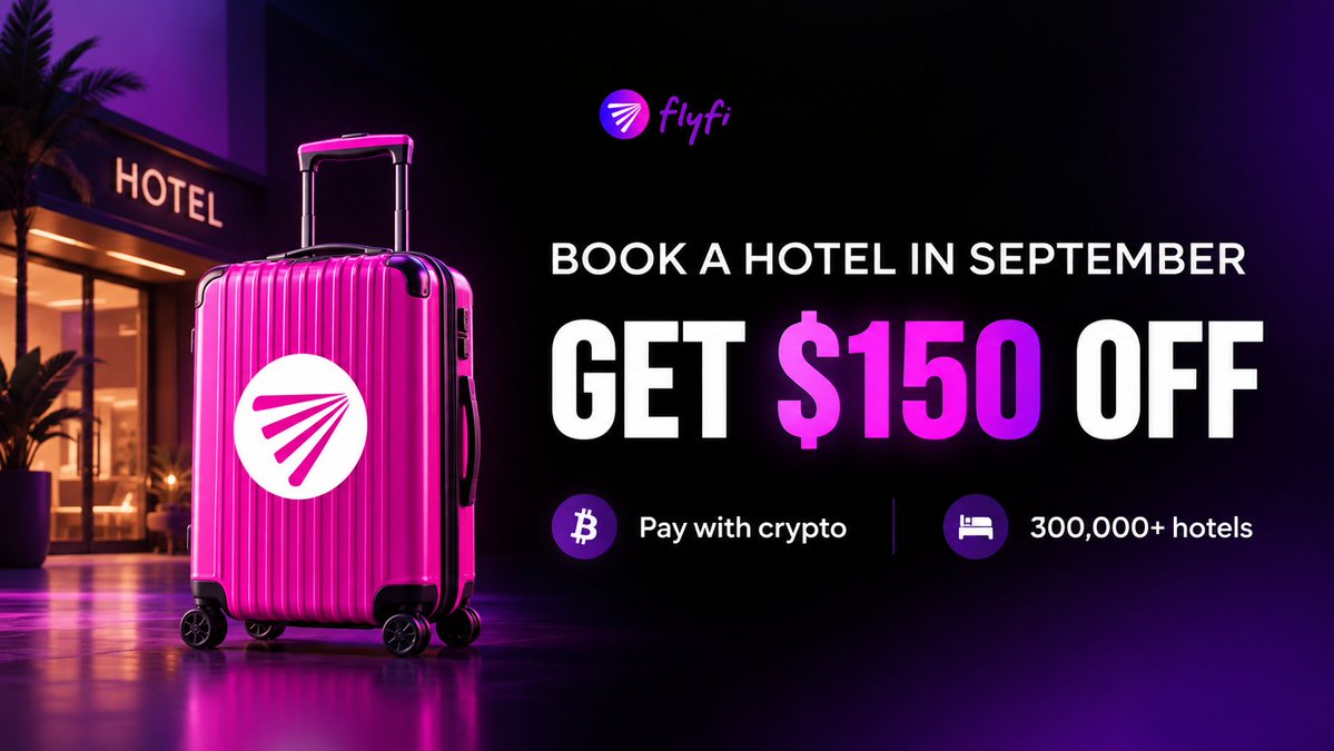 flyfitravel's tweet photo. Book a hotel in September. Get $150 off in one click. Pay with crypto. 300,000+ hotels.