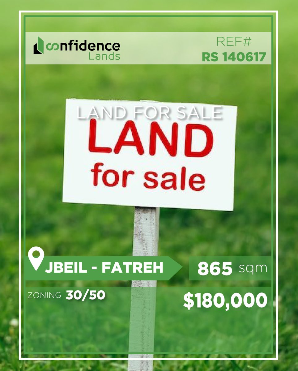 confidence_cre's tweet photo. Price: $180,000 + 2.5% commission
865 sqm Land for Sale in Fatreh
• Zoning: 30/50
• 15 minutes from Halat Highway
For more information, please contact us at 
71000850
REF#RS140617
#Fatreh #Jbeil #LandForSale #SeaViewLand #LebanonRealEstate #JbeilRealEstate 
#CONFIRS
A https://t.co/bN3qpnCLJp