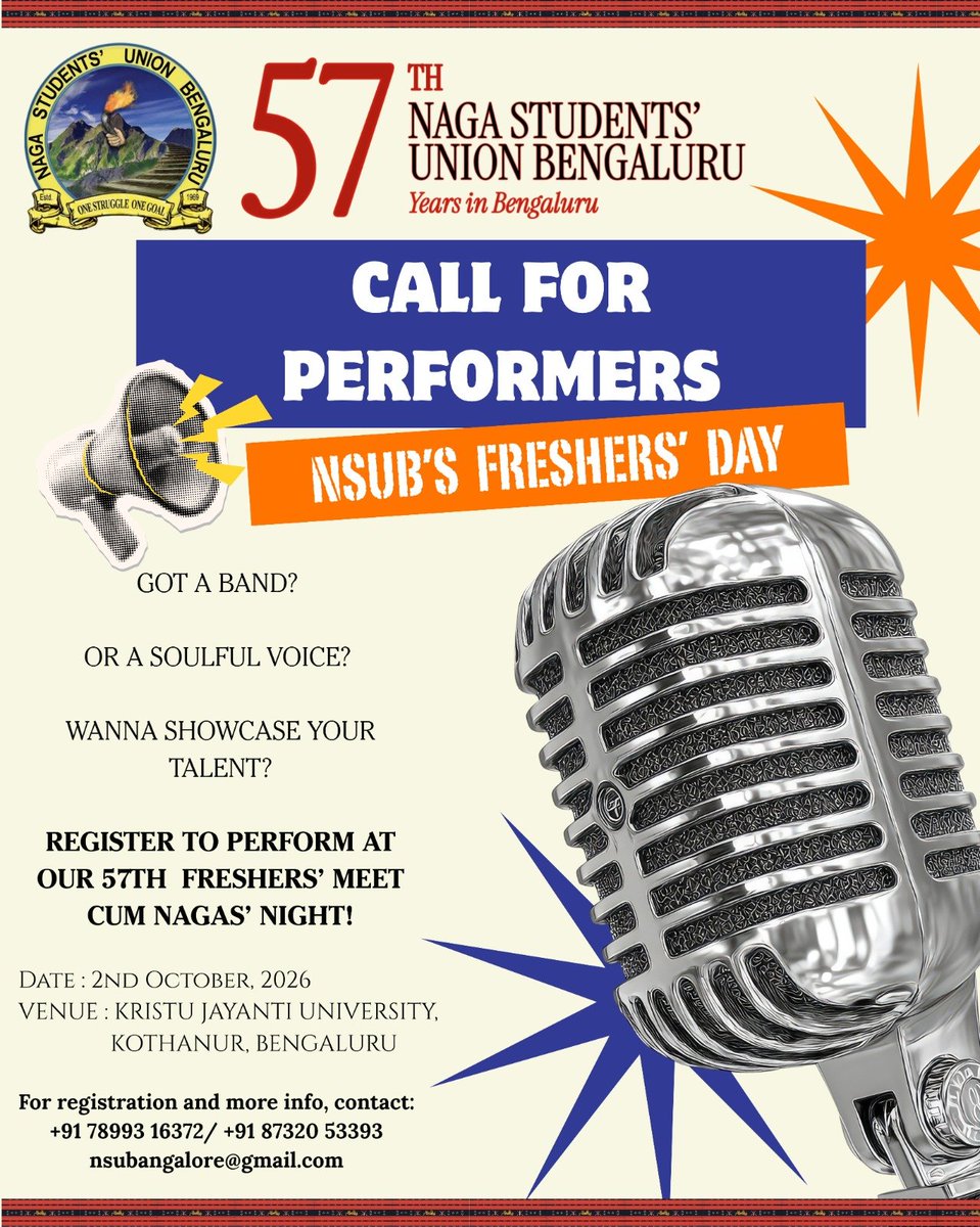 nsubangalore's tweet photo. Got a band? A soulful voice? 🎙️
It's your time to shine!
NSUB is calling for performers for our 57th Freshers' Meet!
📅 2nd Oct | 📍 Kristu Jayanti University, Kothanur
DM us to register!
#NSUB #57thFreshersMeet #CallForPerformers #NagasInBangalore https://t.co/9mhXfedOph