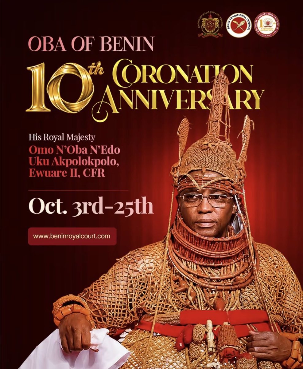OyomwanO's tweet photo. As it draws closer…

10 Years (Ukpo Igbe) of solid leadership that has revived culture, power, pride, tradition, and the authority of Benin in ways only read in books and told in stories. Indeed, Benin is what it says it is.

Ediọn Ẹdo Hia are pleased.

Ọba N’Osanobua Gha Tọ Kpẹre, Isẹẹ!🦇🐆