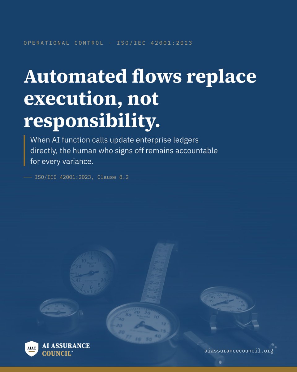TheAIACouncil's tweet photo. AI function calling now connects models directly to enterprise systems to execute multi-step workflows.

Recent enterprise platform releases allow agents to query databases, post journal entries, and route approvals without manual copy-pasting. In finance and back-office operations, repetitive data entry and initial variance matching are shifting rapidly to automated flows.

White-collar workers can capitalise on this change by supervising workflow logic, defining tolerances, and reviewing system logs. To mitigate the risk of unchecked automation drift, professionals must maintain strict verification controls. When an automated workflow posts an erroneous entry, the human sign-off remains legally and professionally accountable.

ISO/IEC 42001:2023, Clause 8.2 requires organisations to implement operational planning and control over AI processes, ensuring documented execution boundaries.

Sources:
- ISO/IEC 42001:2023, Clause 8.2: https://t.co/QZlmsAvXn6

Read the syllabus, take the free AI Literacy assessment, or verify any credential on the public register at https://t.co/1jY6mohiy1.

#AIinFinance