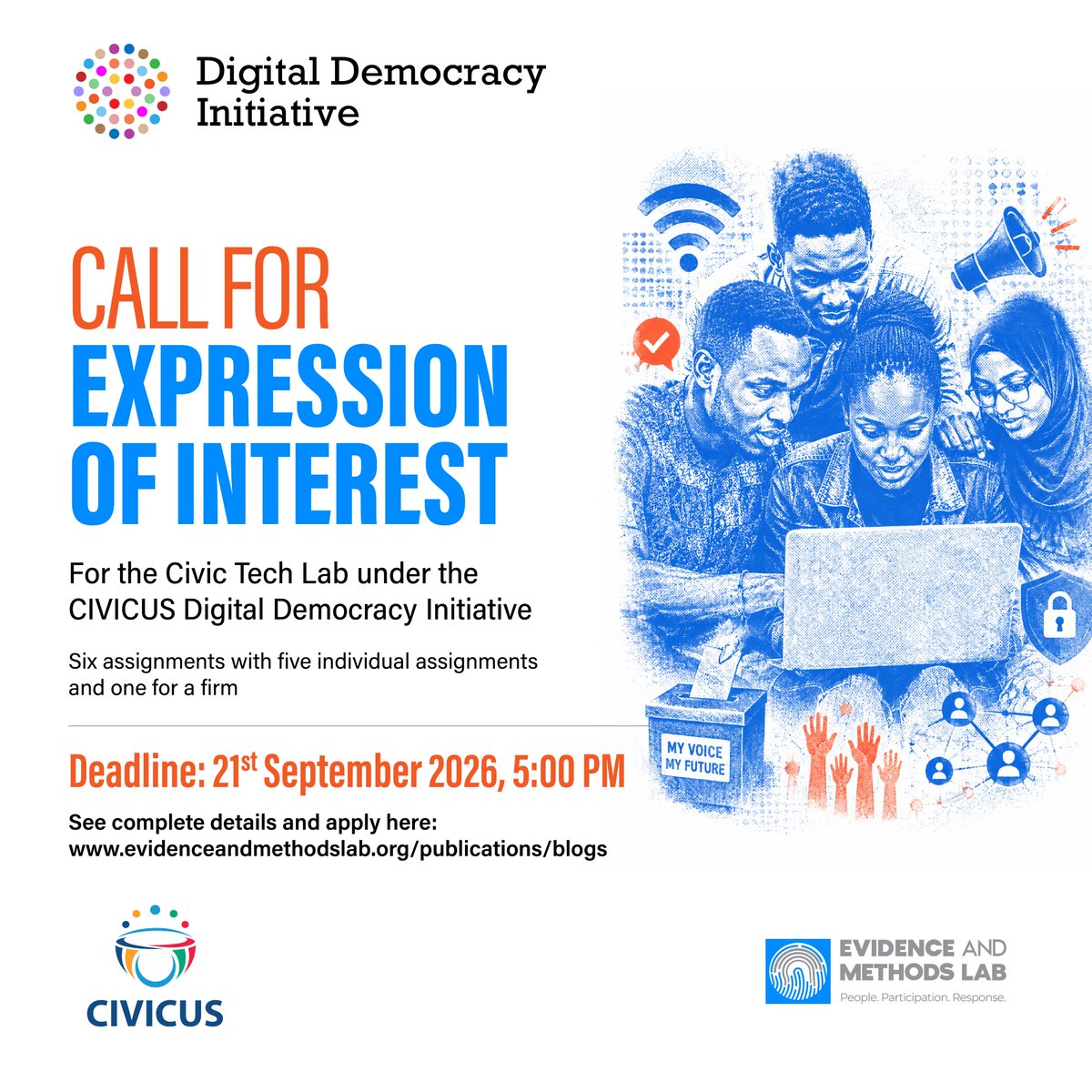 evidence_method's tweet photo. CALL FOR CONSULTANTS

We seek consultants to provide technical and strategic support to strengthen and scale civic-tech solutions under the Civic Tech Lab programme.

Access the full Terms of Reference (ToRs) and application details here: https://t.co/PCCkGlsTt4

#WeShapeGov https://t.co/XUP8L5xQh0