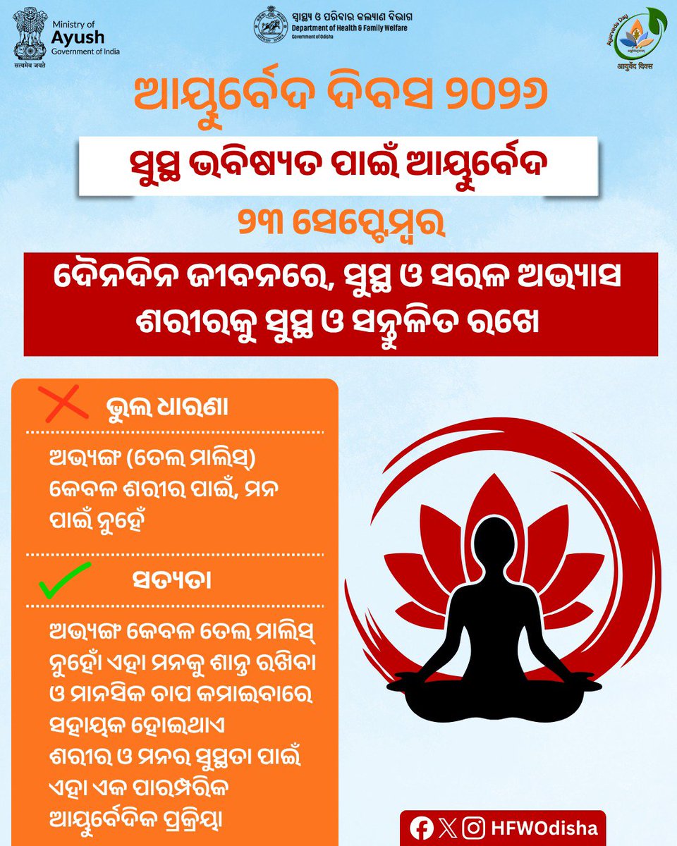 HFWOdisha's tweet photo. ଆୟୁର୍ବେଦ ଆମର ପୁରୁଣା ପରମ୍ପରା ସହ ଜଡ଼ିତ ଏକ ସ୍ୱାସ୍ଥ୍ୟ ପଦ୍ଧତି। ଶରୀର ସହ ମନର ସୁସ୍ଥତାକୁ ମଧ୍ୟ ଏହା ଗୁରୁତ୍ୱ ଦିଏ। 

ଦୈନନ୍ଦିନ ଜୀବନରେ ସୁସ୍ଥ ଅଭ୍ୟାସ ଓ ଭଲ ଜୀବନଶୈଳୀ ପାଇଁ ଆୟୁର୍ବେଦ ଆମକୁ ପ୍ରେରଣା ଦିଏ।

#AyurvedaDay2026 #Ayurveda #HealthyLifestyle #HealthForAll https://t.co/VuNQw48gXc