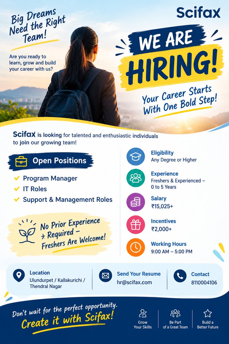 Scifaxoffice's tweet photo. We’re Hiring – Program Manager at Scifax! 💼

👨‍💼 Role: Program Manager
📍 Locations: Multiple Branches
🕘 Work Hours: 9:00 AM – 5:00 PM
🌟 Eligibility: Freshers &amp; Experienced (0–5 Years)

📧 Send your CV to: hr@scifax.com
📞 Phone: +91 81100 04106

✨ Apply Today https://t.co/8FWDiSkQLT