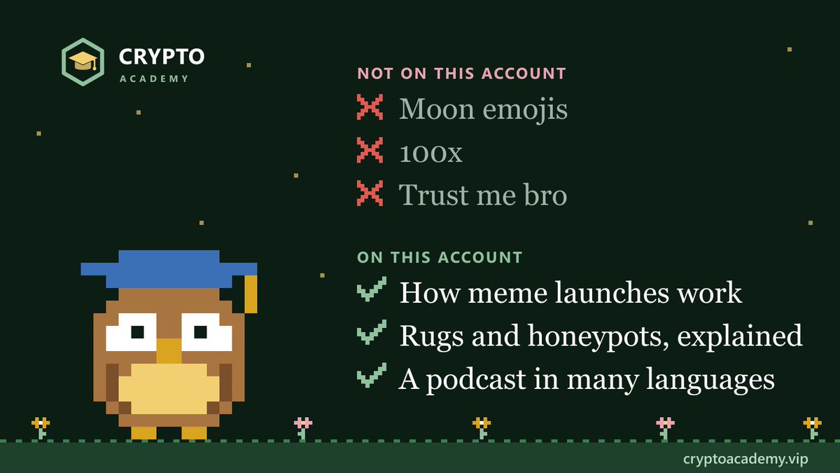 cryptolearnvip's tweet photo. First post. No moon emojis, no 100x, no "trust me bro."

Free lessons on how meme launches work, rugs and honeypots included. In multi-languages, with a podcast.

https://t.co/k9p1gzTIR4 https://t.co/qWf6IBY41y